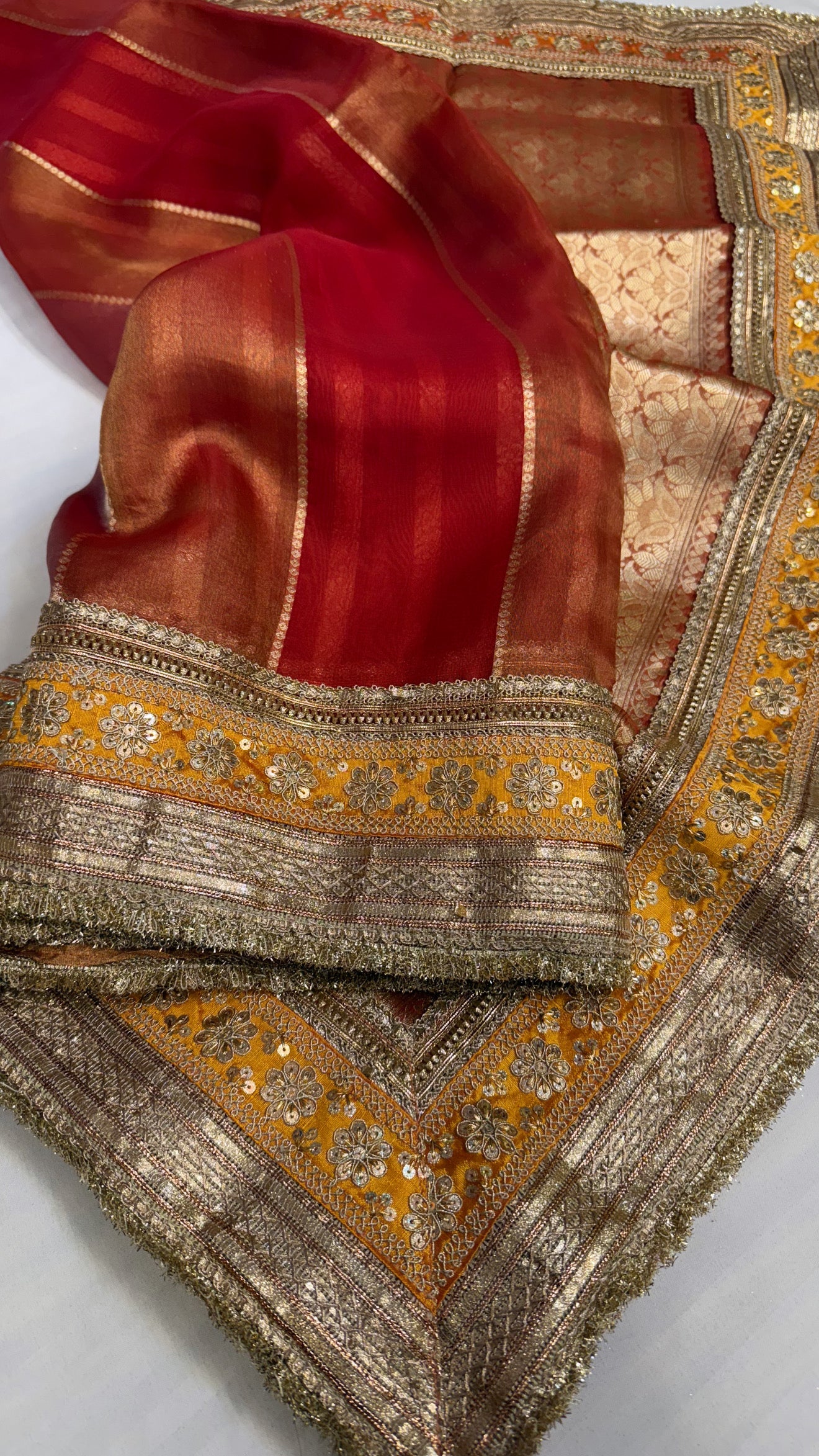 Maharani tomato red tissue silk kadhwa striped saree