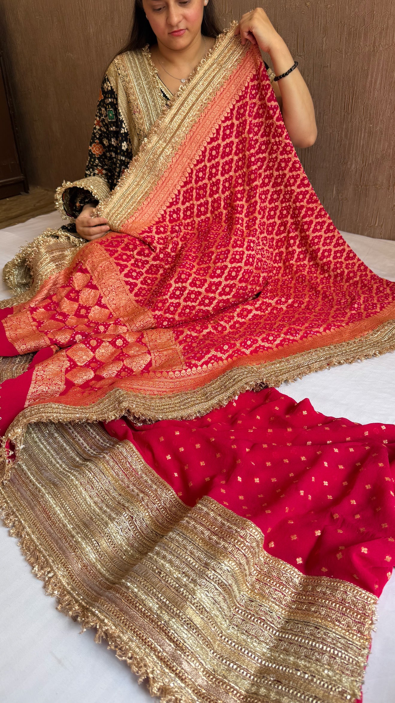 Rani pink banarasi rai bandhej gorgette gotapatti suit set