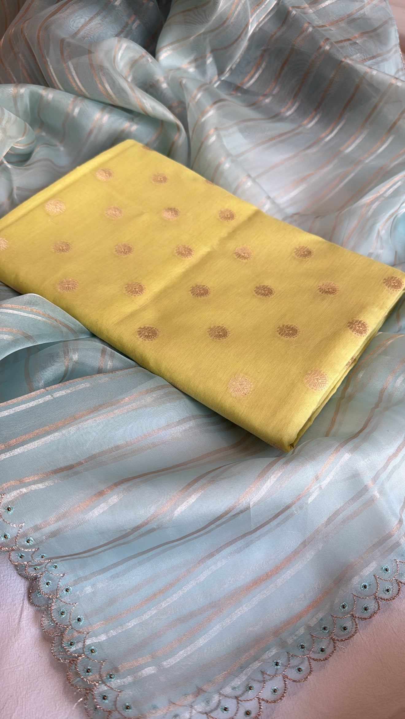 Banarasi handloom cotton kadhwa buti kurta paired with kora silk striped scalloped hand embroidered duppata set