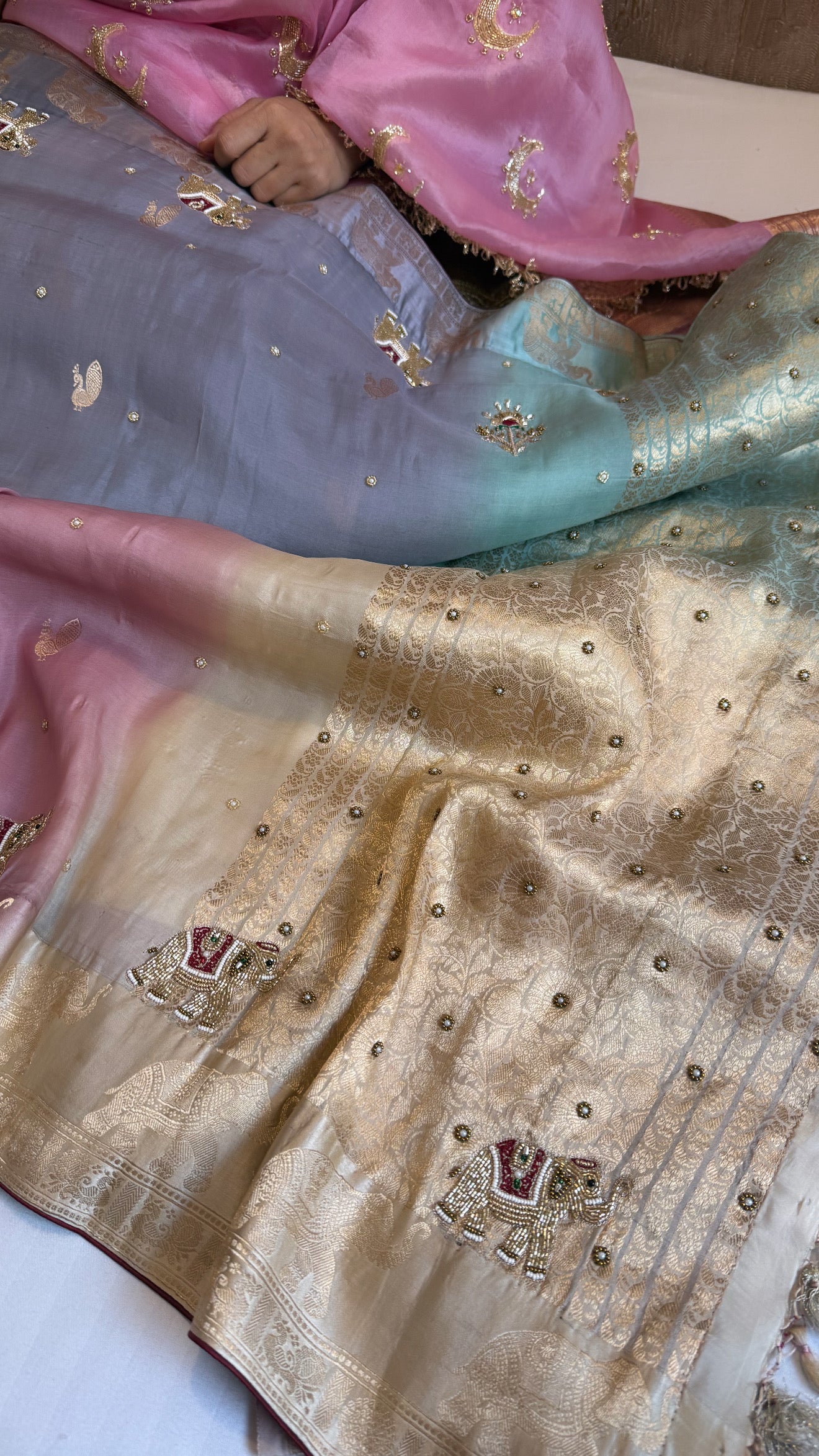 Sufi night edit - Banarasi kora silk elephant motif hand embroidered kadhwa shaded saree