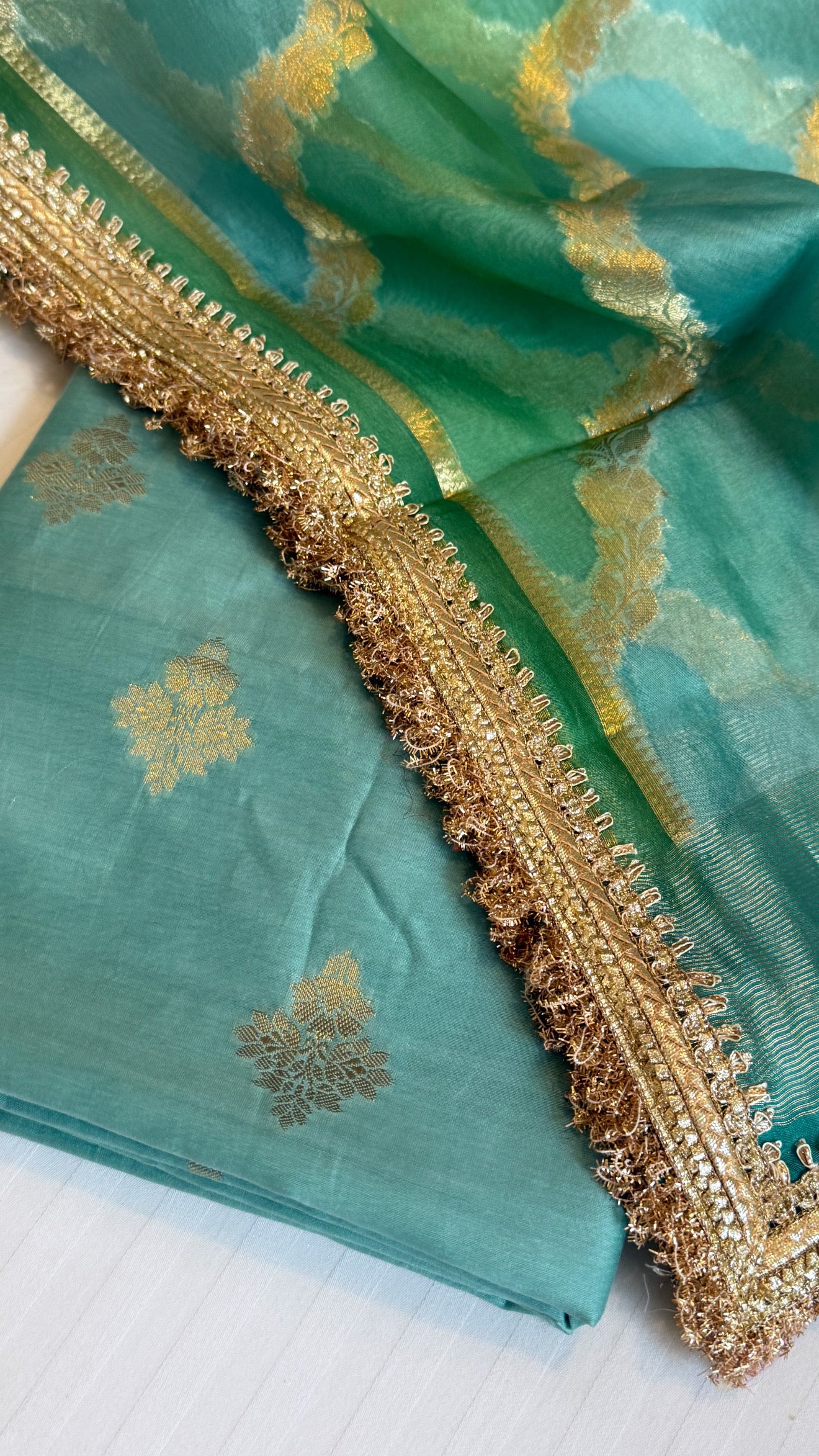 Shades of rama green - Kora silk rangkaat duppata paired with silk kurta set
