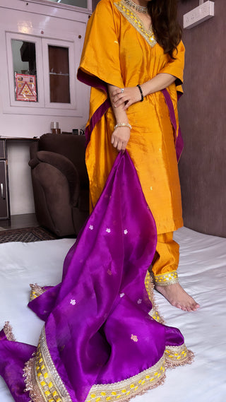 Haldi yellow-purple stitched hand embroidered kadhwa silk suit set from vyaah wala ghar edit