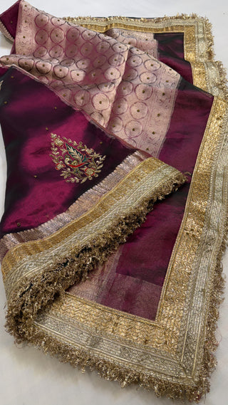 Baarat wali saree - Metallic cranberry pink husn tissue silk peacock motif hand embroidered saree