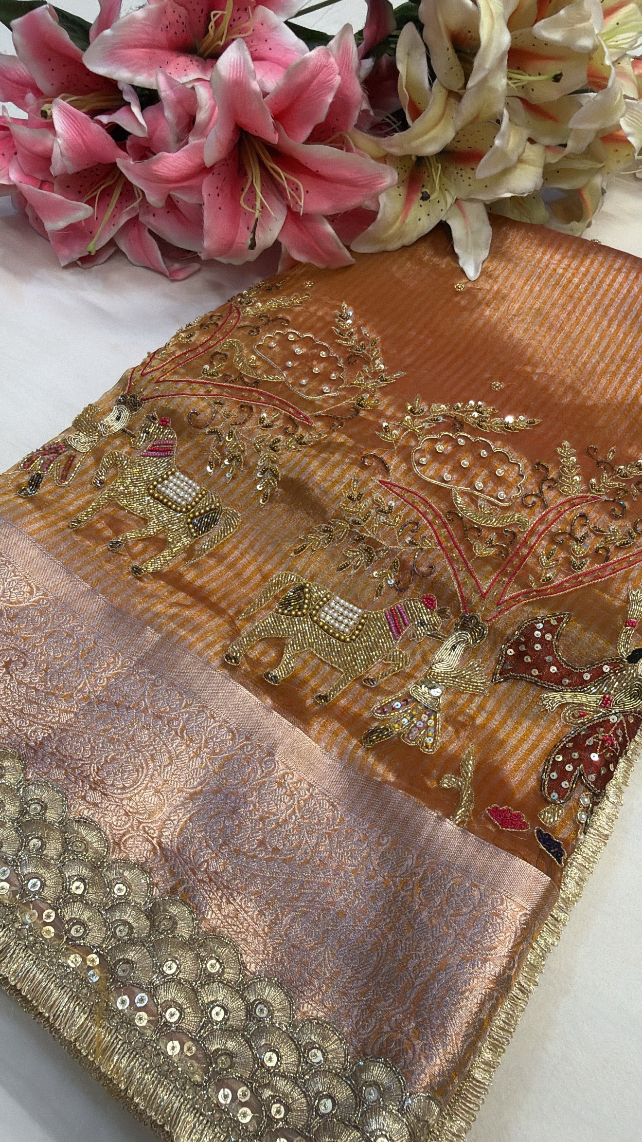 Rasleela hand embroidered husn peachy ombre shaded tissue silk saree