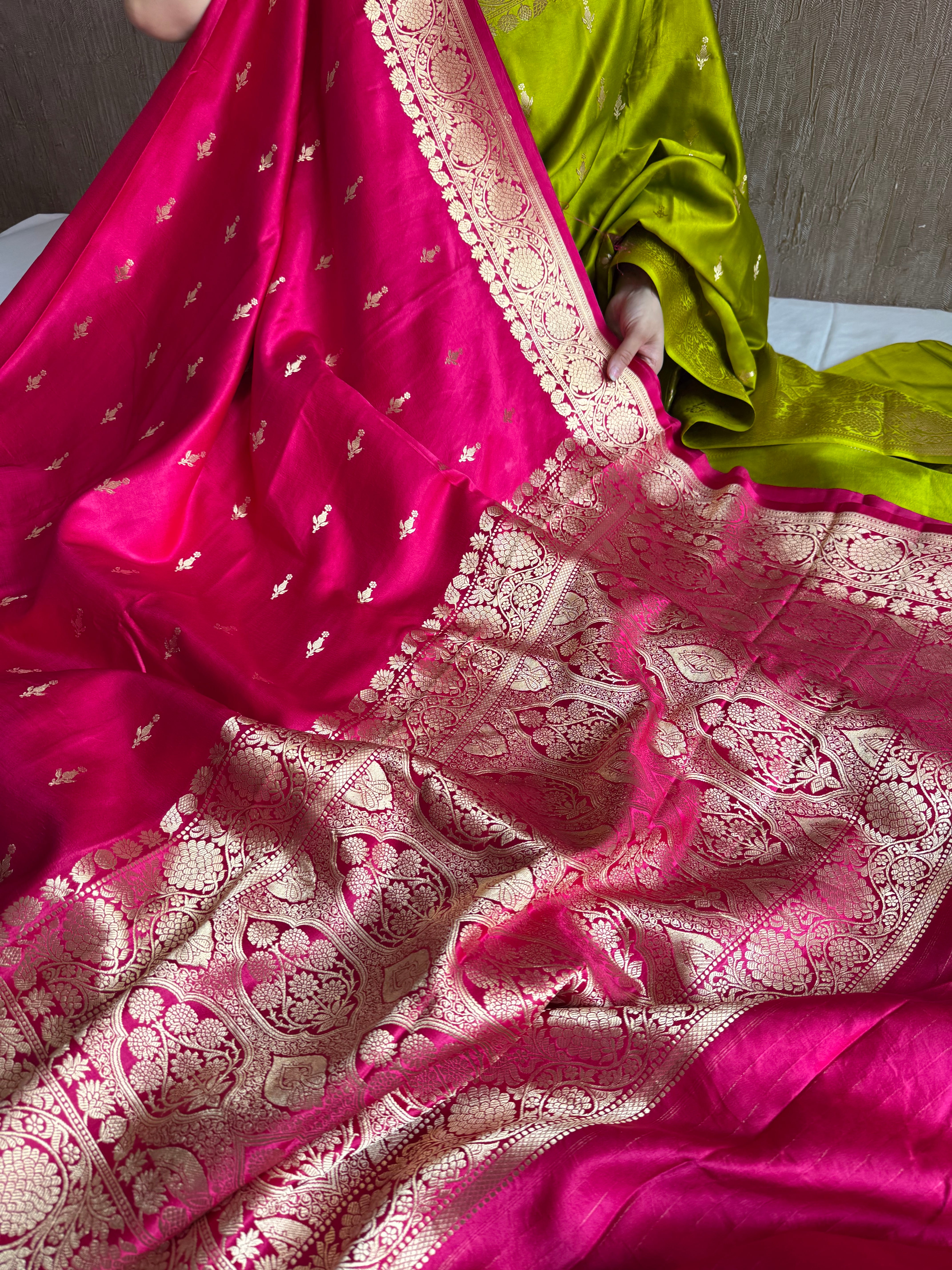 Hot pink banarasi mashru silk kadhwa border saree