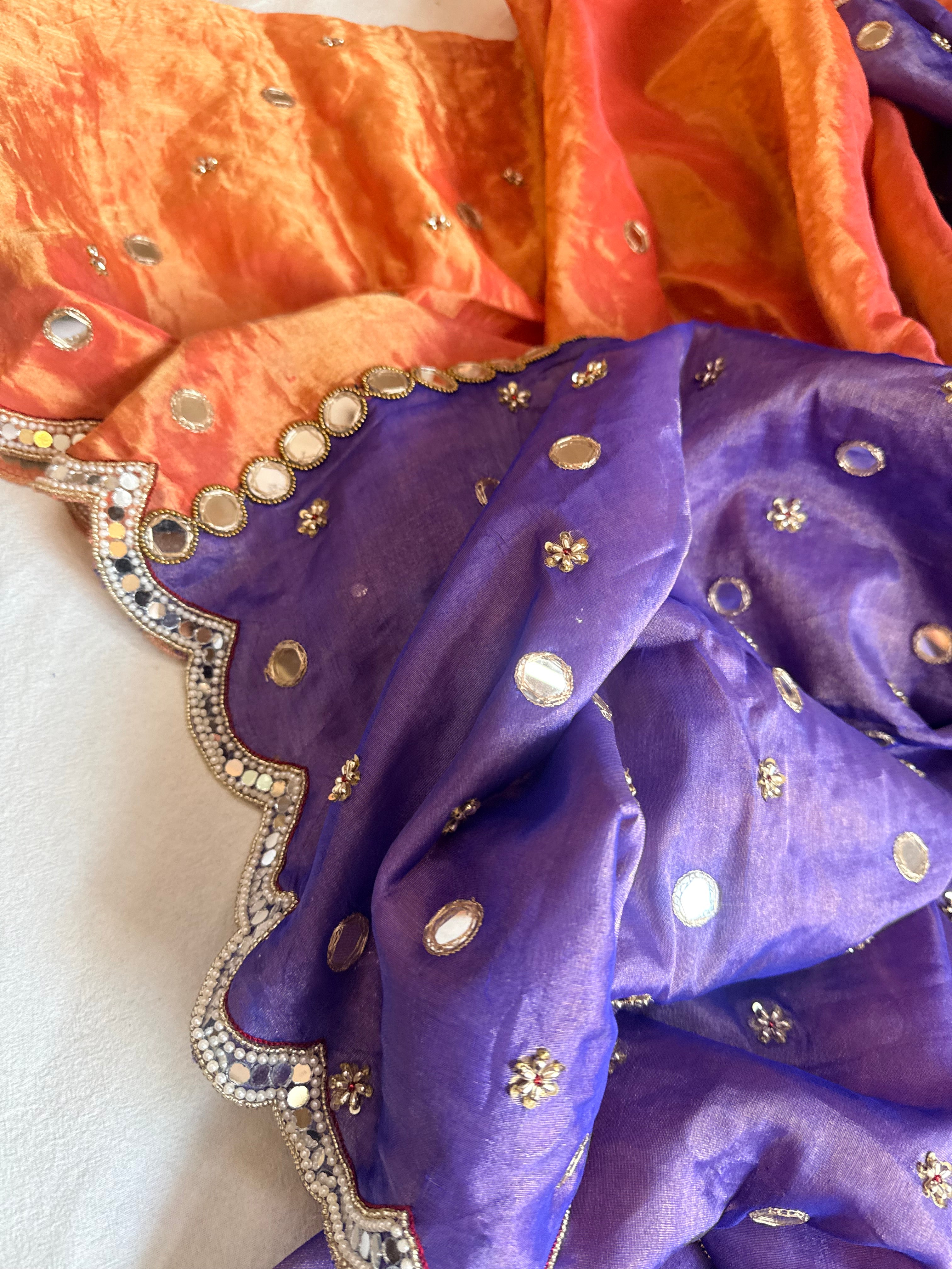 Tyohaar edit - Chiffon tissue gorgette mirrorwork half-half kafhwa buti saree