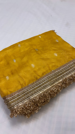 Maharani haldi yellow tissue silk tanchoi kadhwa saree