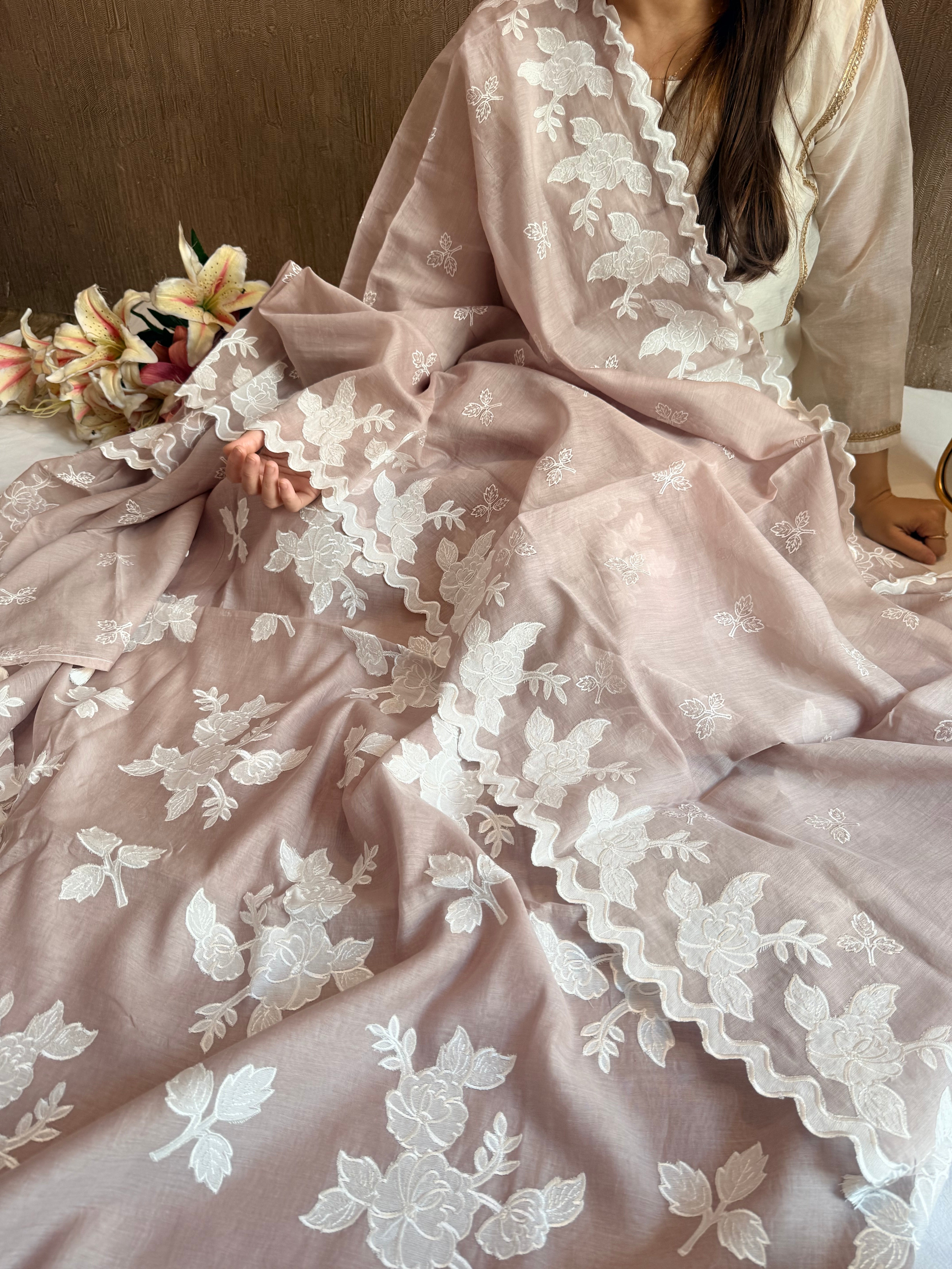 Alia bhatt inspired banarasi mulmul appliqué work suit set