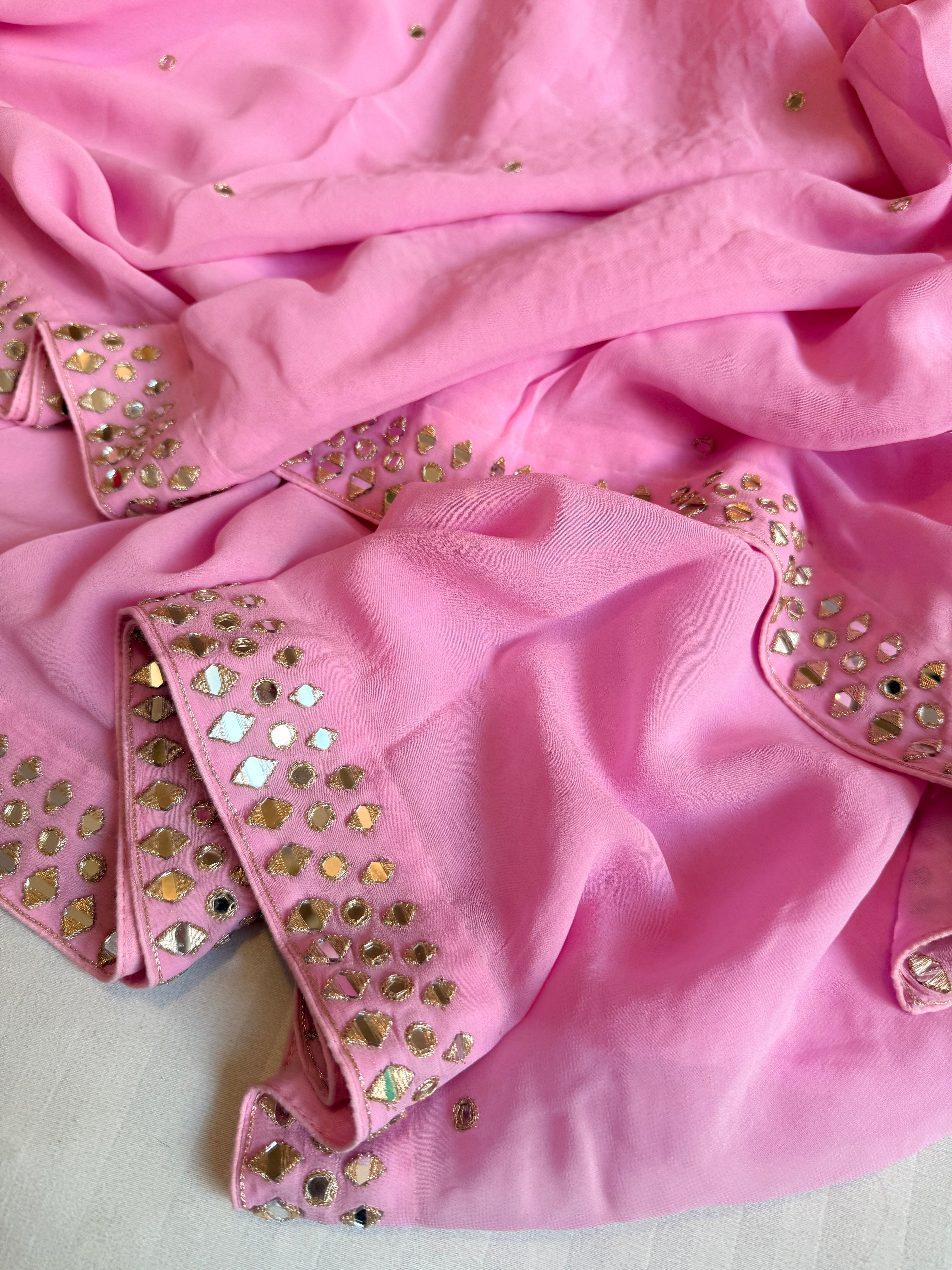 Mother’s Day offer - Candy pink chiffon gorgette mirrorwork hand embroidered sarees