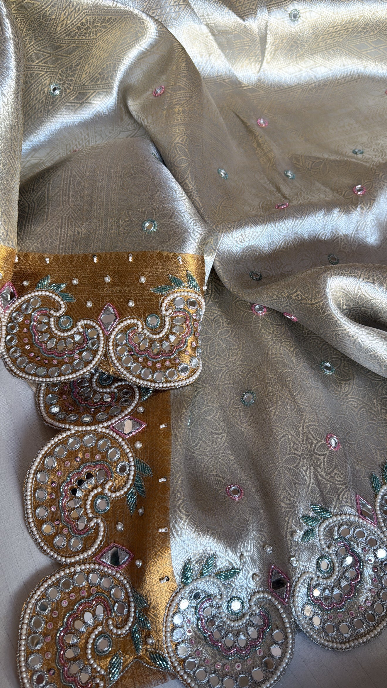 Kanjivaram inspired pure banarasi sona rupa border heavy mirror work and zardozi hand embroidered saree