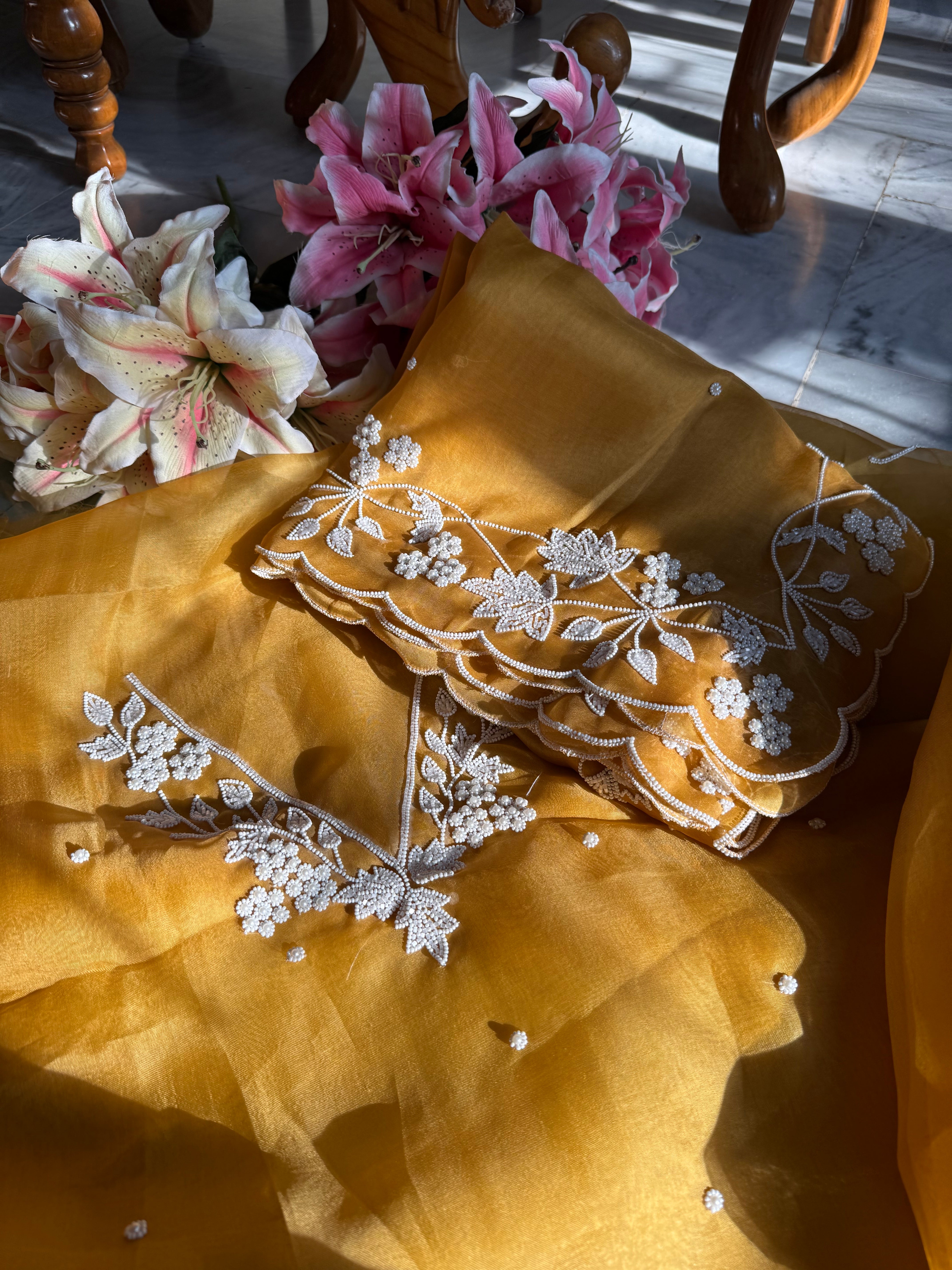 Mustard pearl work heavy hand embroidered kora silk suit set