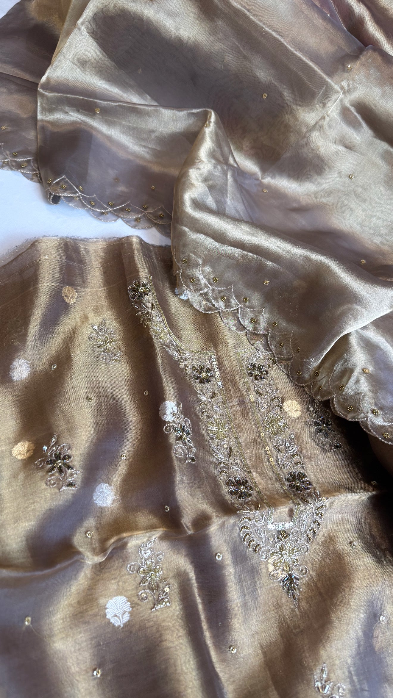 Maharani tissue silk hand embroidered kadhwa suit set