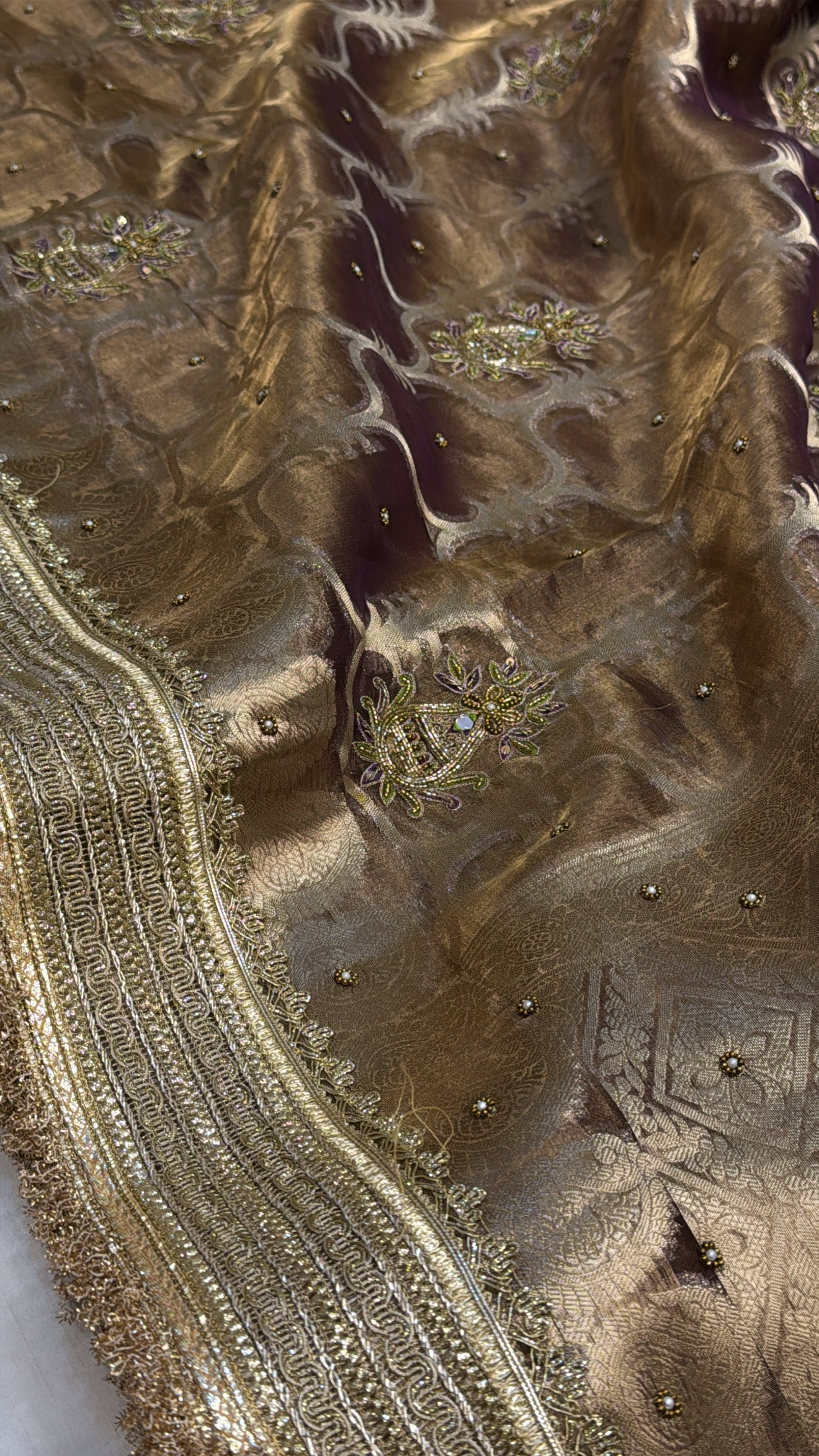 Wedding edit - Husn rose brown tissue silk kadhwa jungla hand embroidered saree