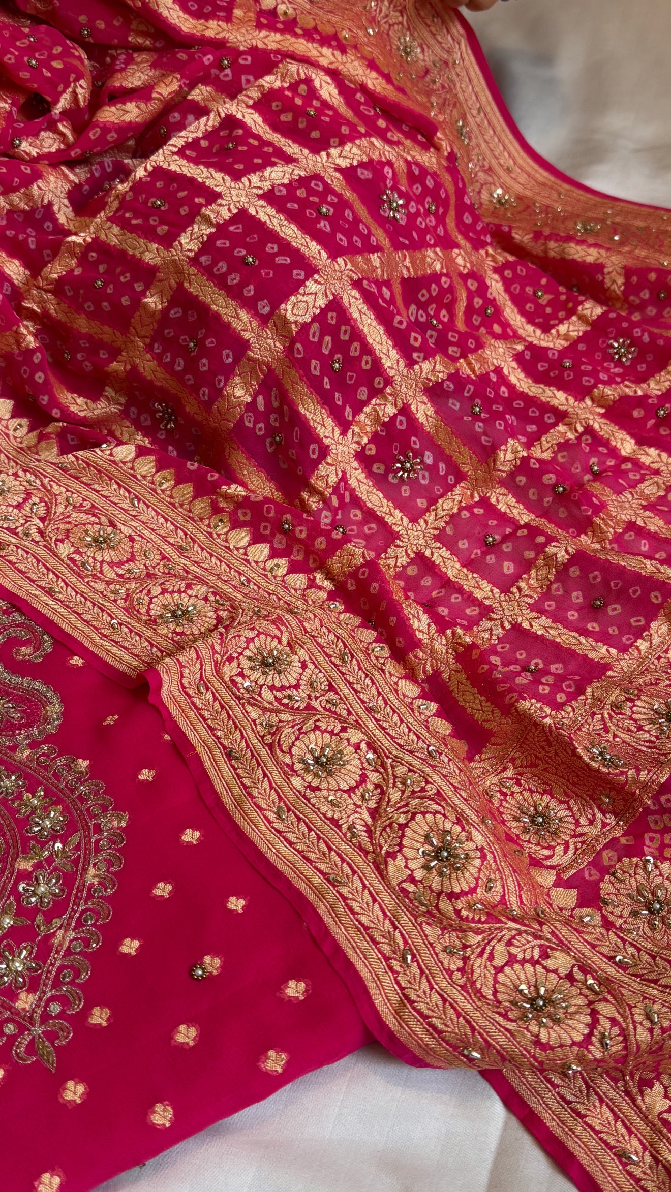 Hot fuschia pink rai bandhej Banarasi gorgette kadhwa hand embroidered suit set