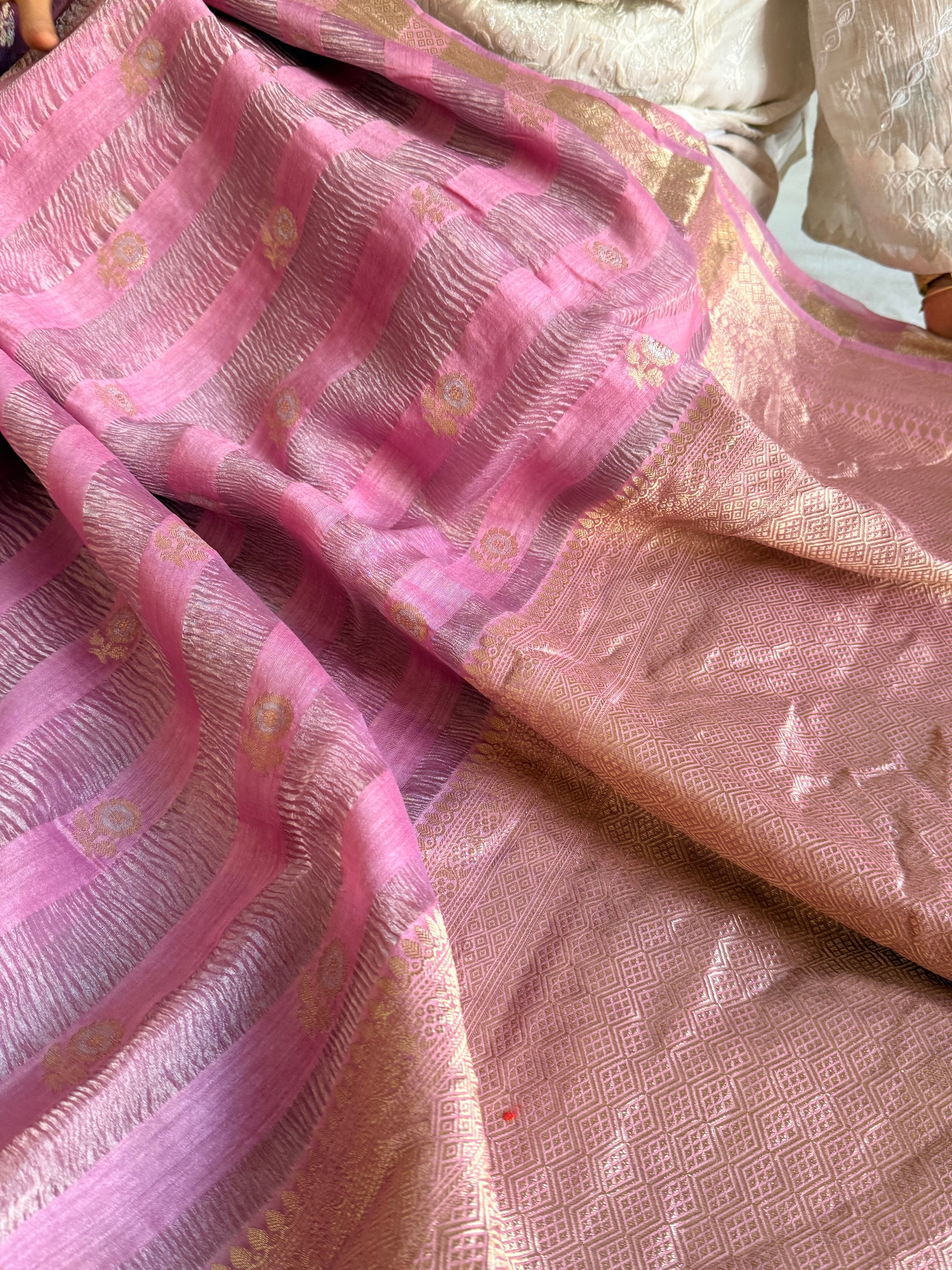Below 10k - Crushed raw mango silk and tissue silk kadhwa border saree