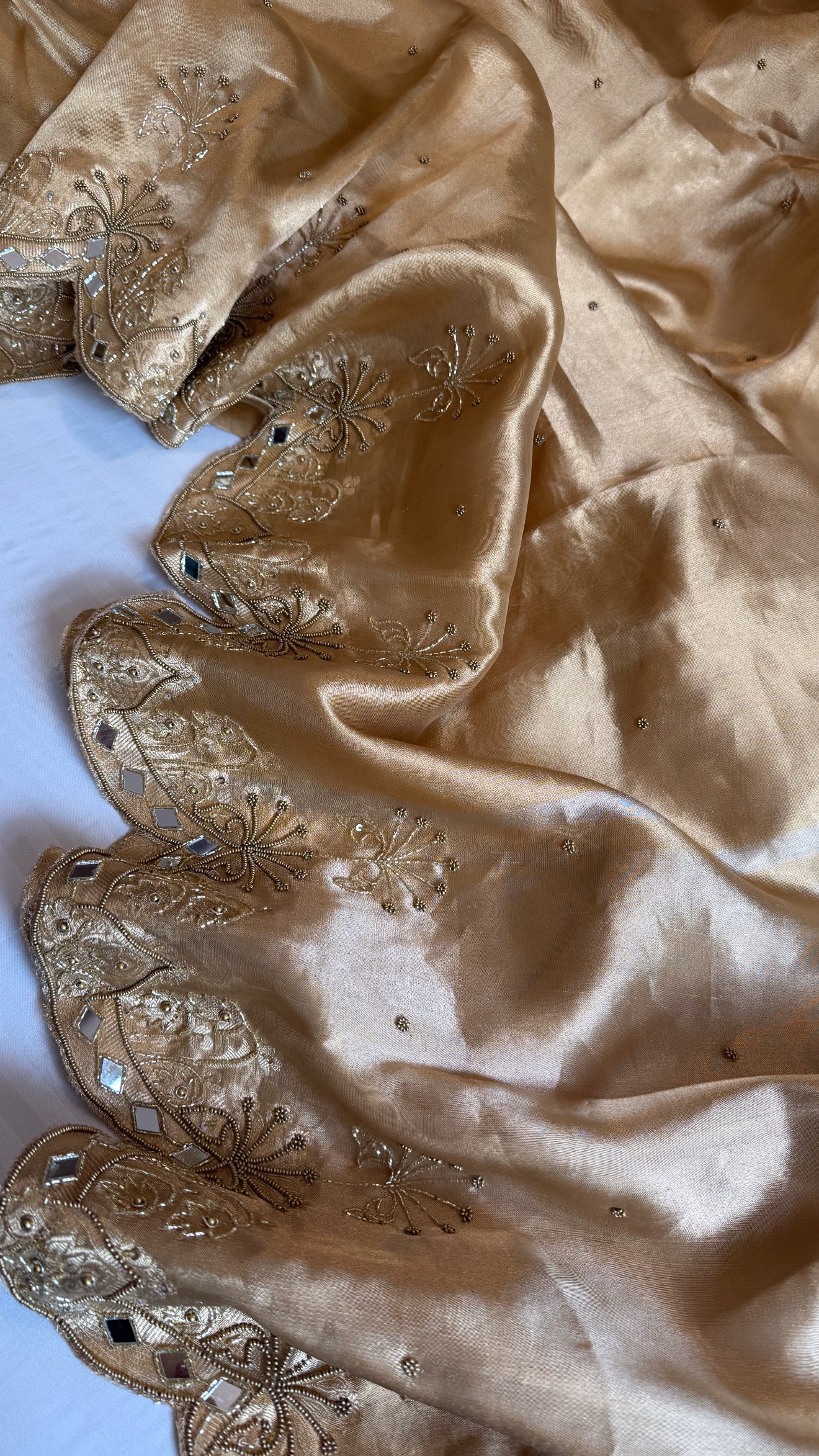 Husn champagne gold tissue silk heavy hand embroidered saree