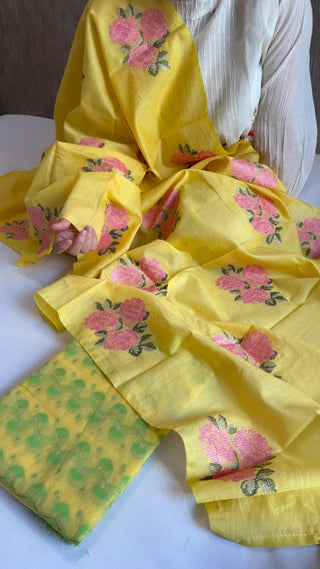 Golden yellow resham meenakari mul cotton kadhwa suit set