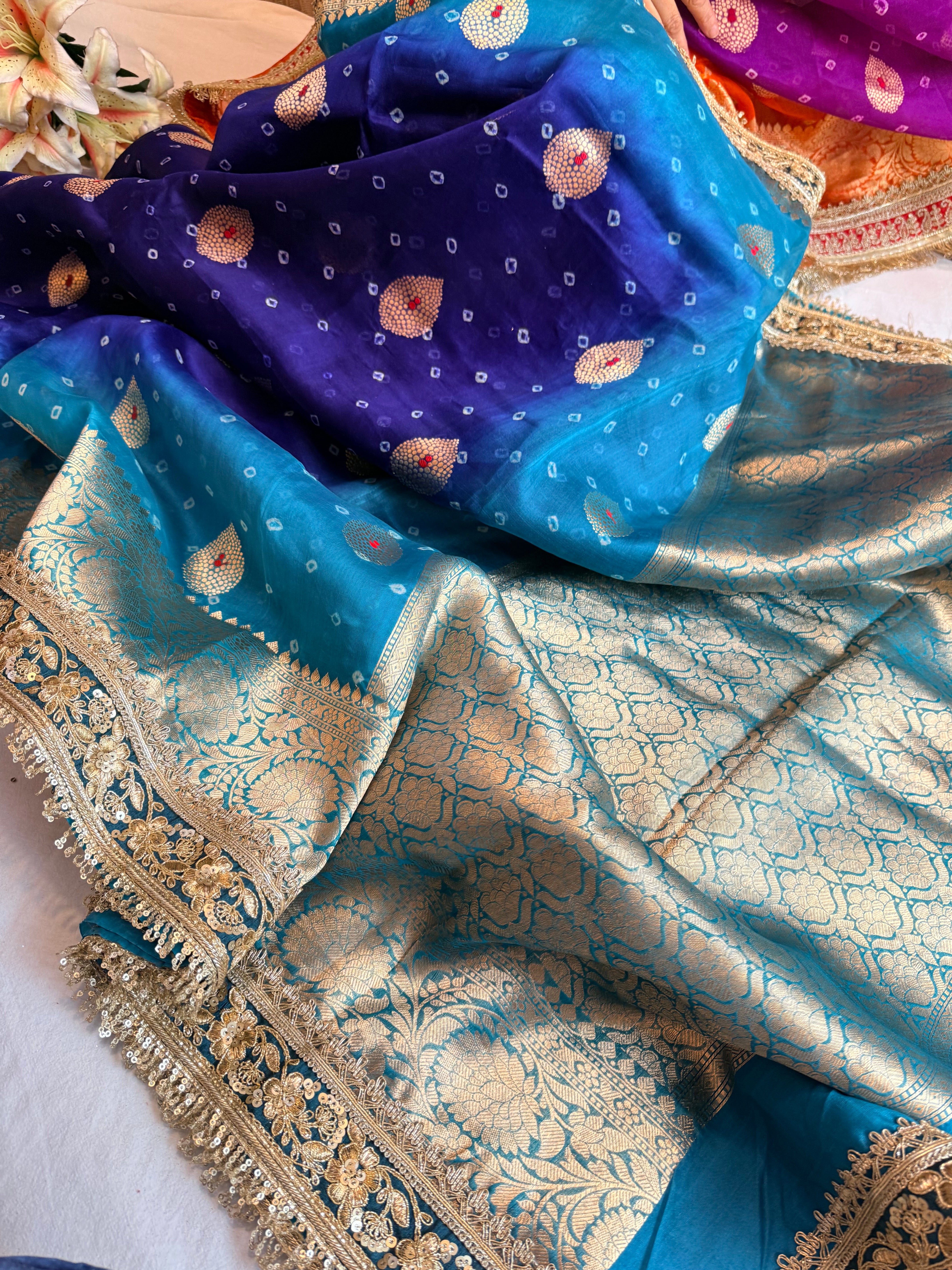 Mayra wali saree - Kora silk bandhej work meenakari gotapatti saree