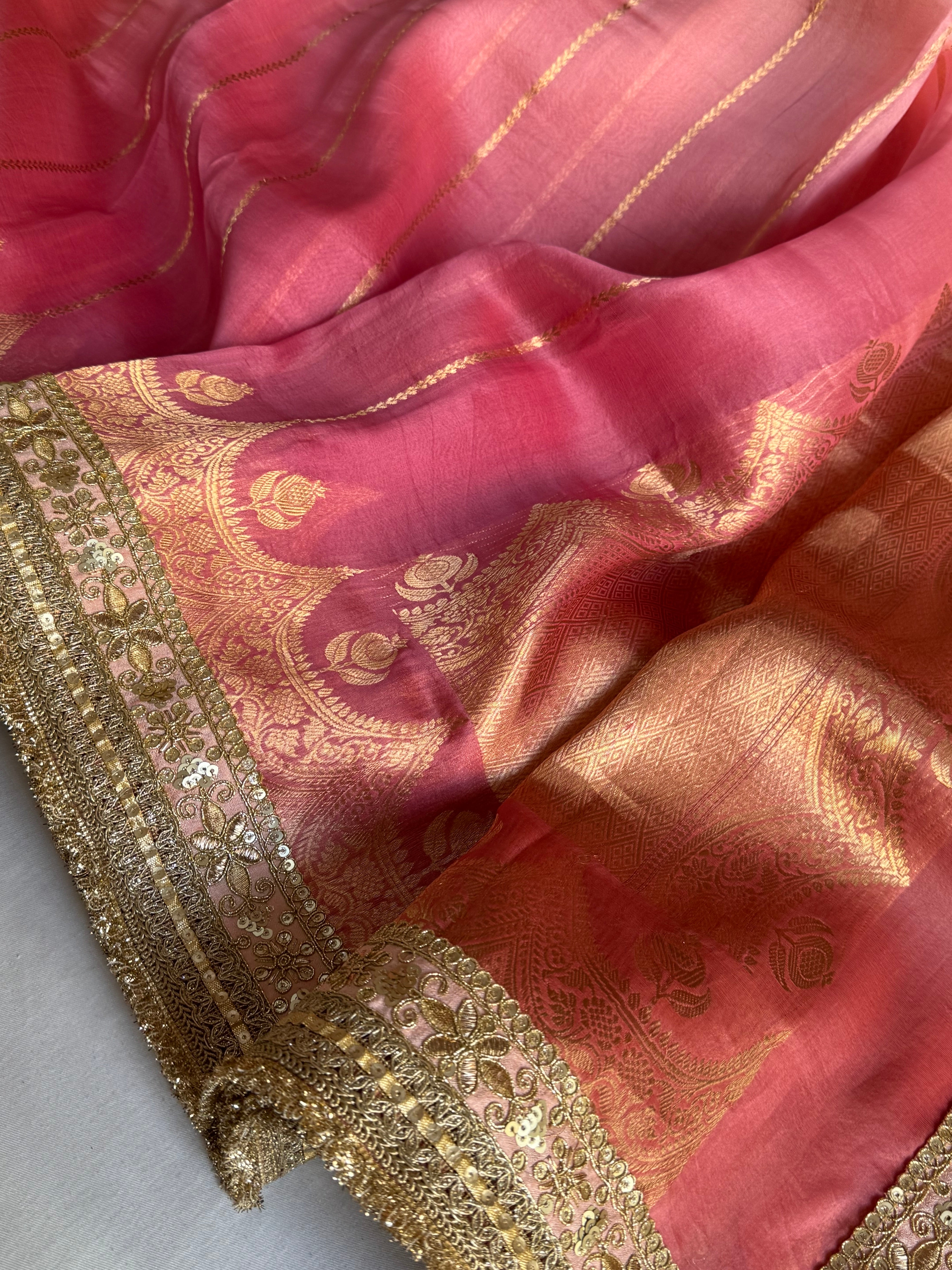 Rang-birangi banarasi kora silk multicoloured shaded kadhwa saree