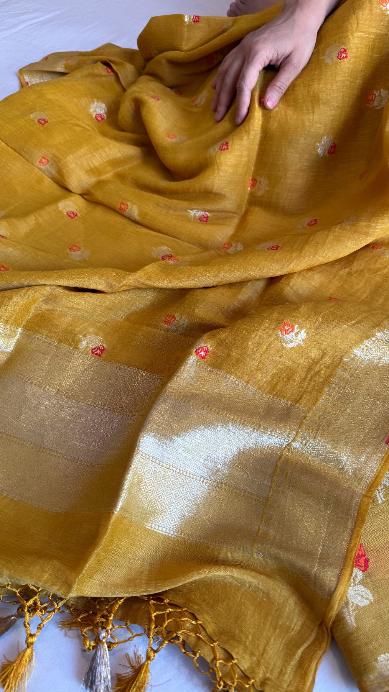 Linen gorgette olive mustard meenakari kadhwa rose buta suit set