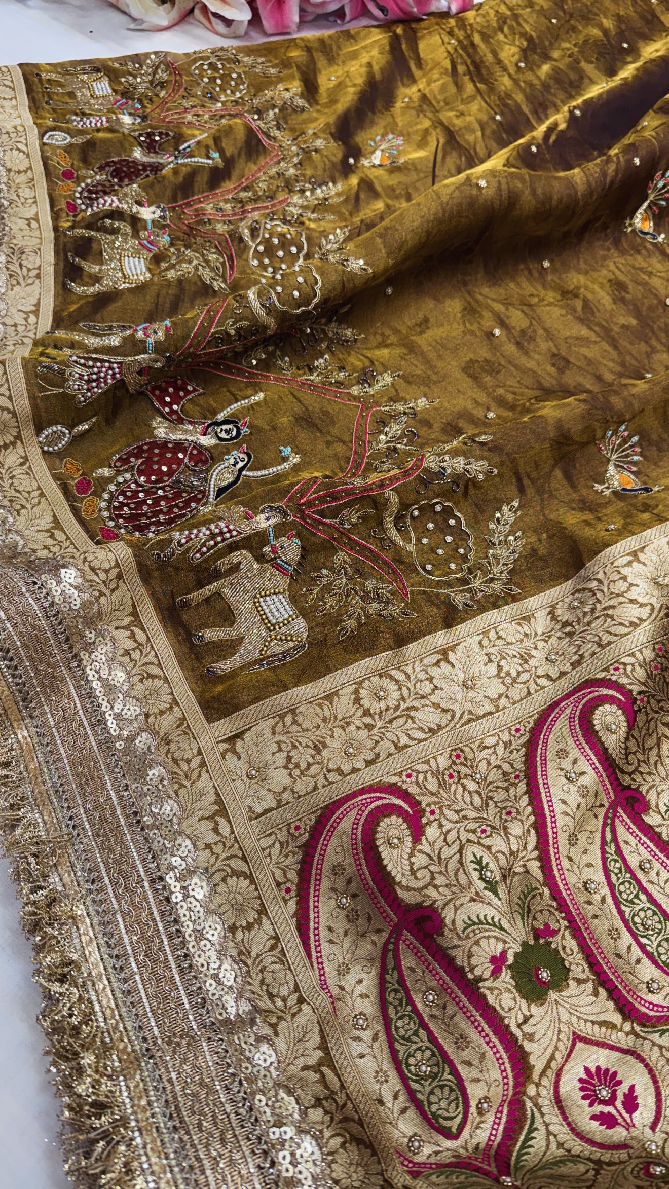 Karwachauth special - Kanjivaram gold tissue silk krishna rasleela motif hand embroidered kadhwa saree