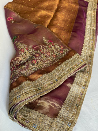 Mughal motif inspired- Lavender husn tissue silk heavy hand embroidered saree