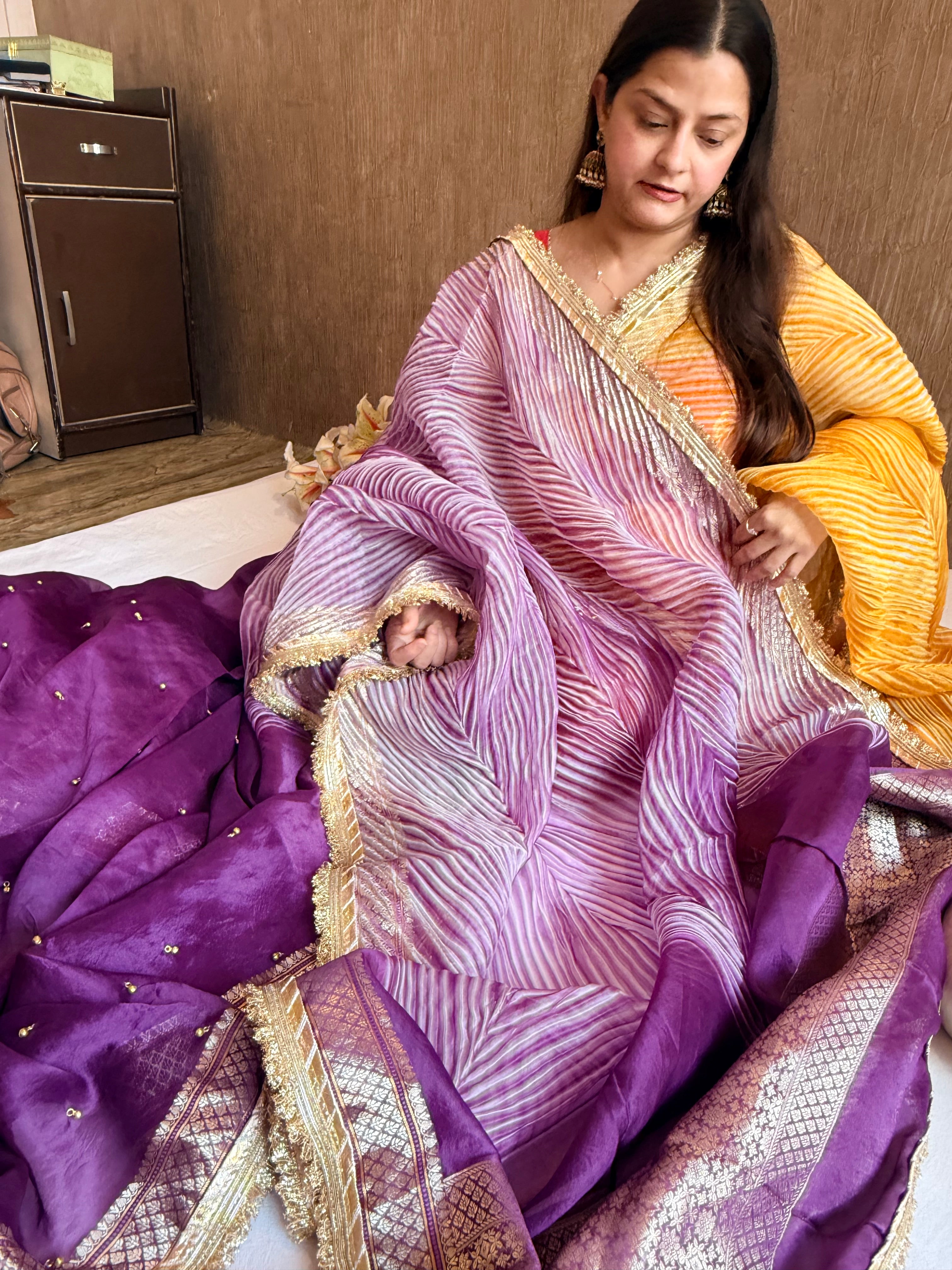 Arshi dye ghungro work kora silk banarasi kadhwa weaving saree