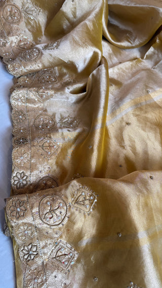 Husn soft golden tissue silk heavy zardozi hand embroidered saree