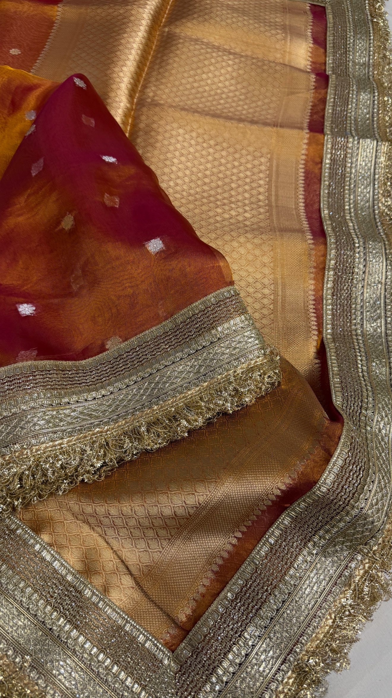 Maharani kanjivaram rani pink tissue silk kadhwa buti saree
