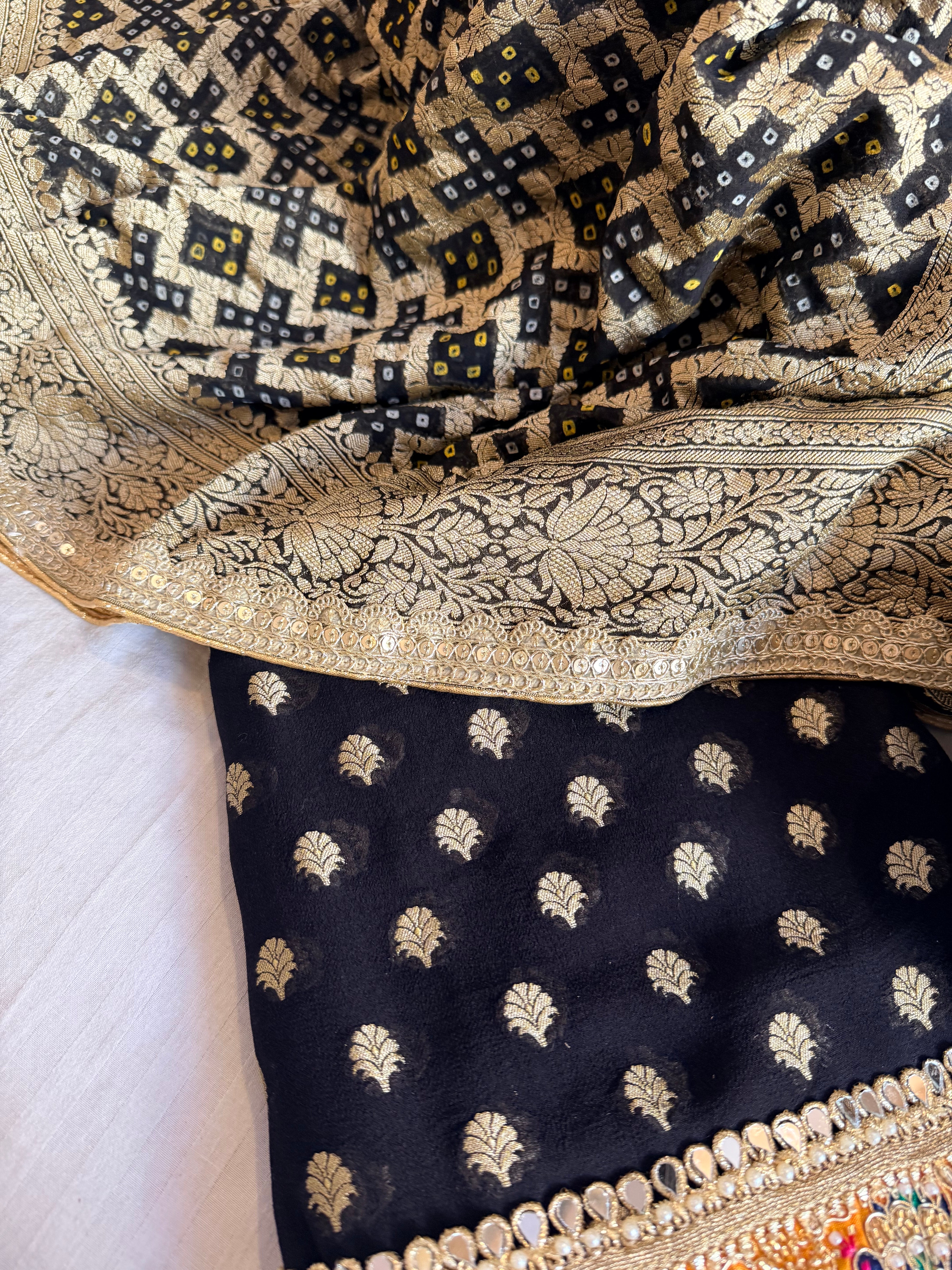 Rai bandhej black banarasi chiffon gorgette gotapatti suits