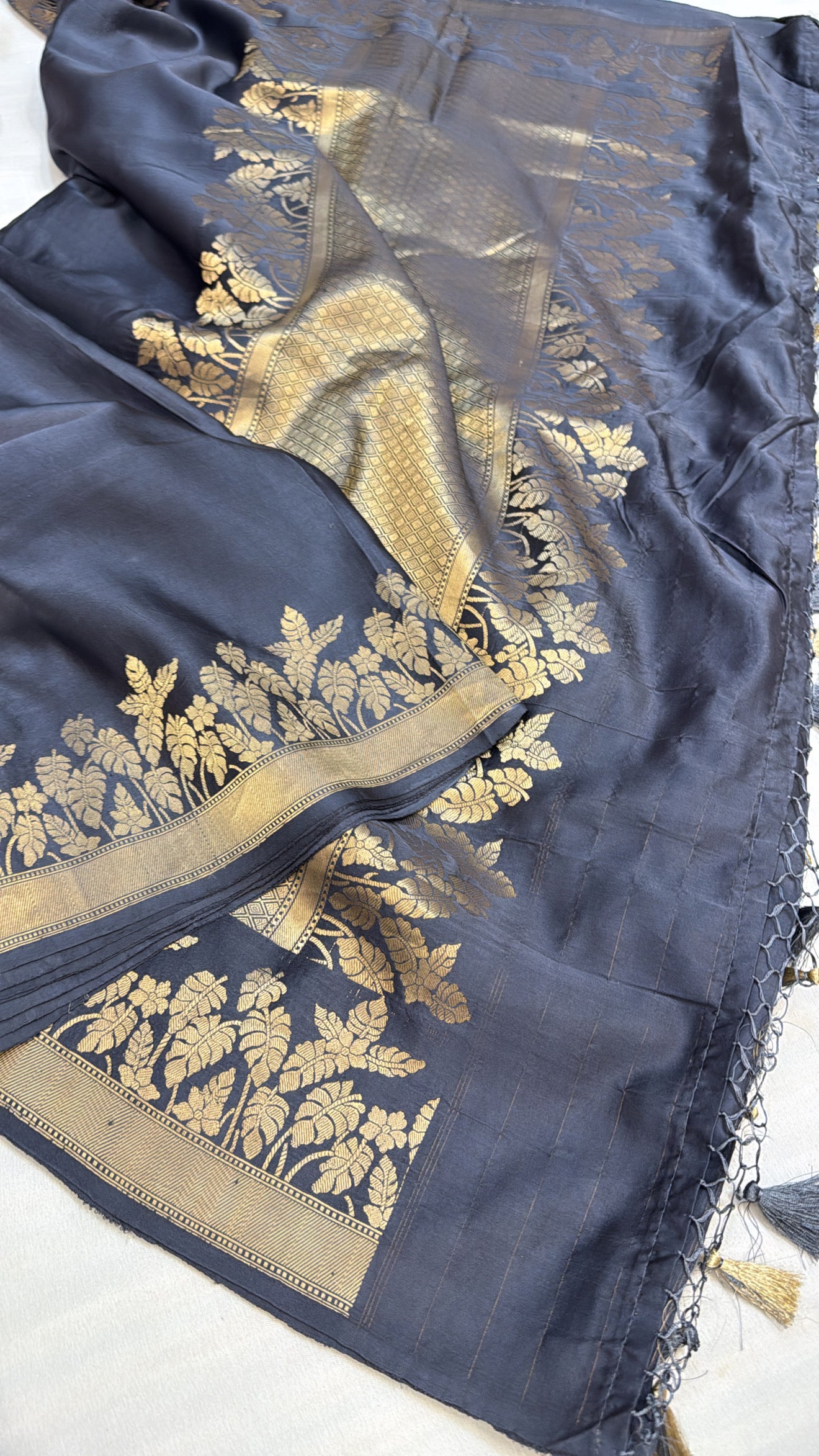 Mashru satin silk english blueish-grey shade banarasi saree