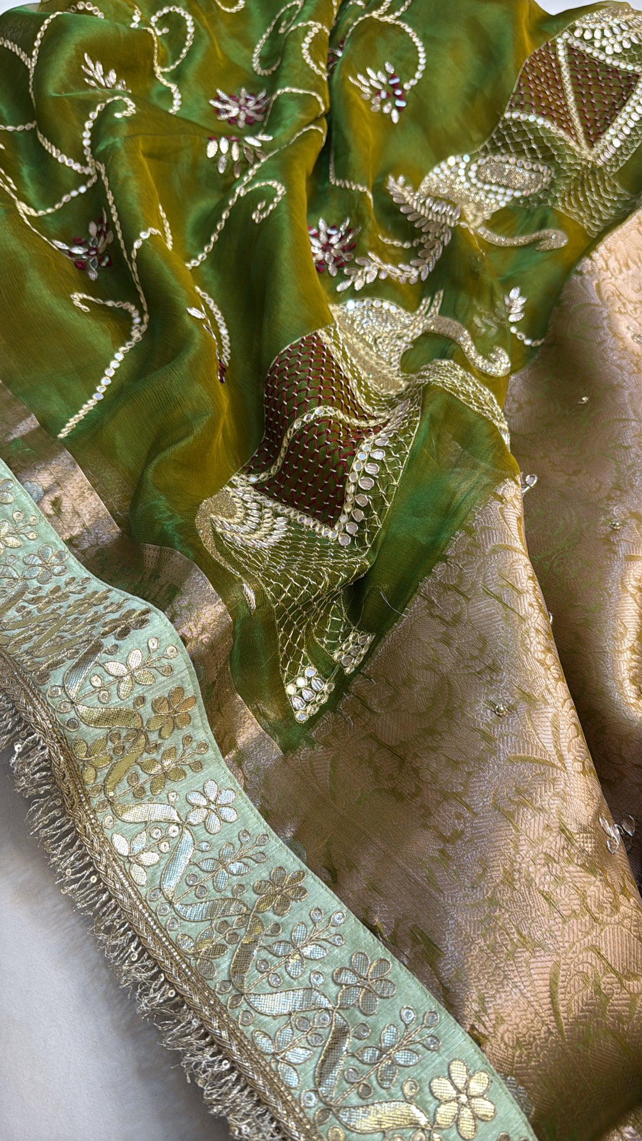 Mehendi green elephant motif heavy mirror work hand embroidered kadhwa saree