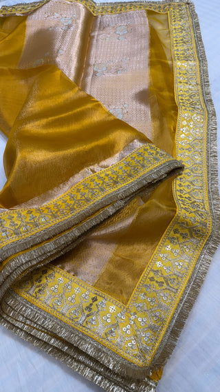 Mustard gold maharani tissue silk meenakari border saree