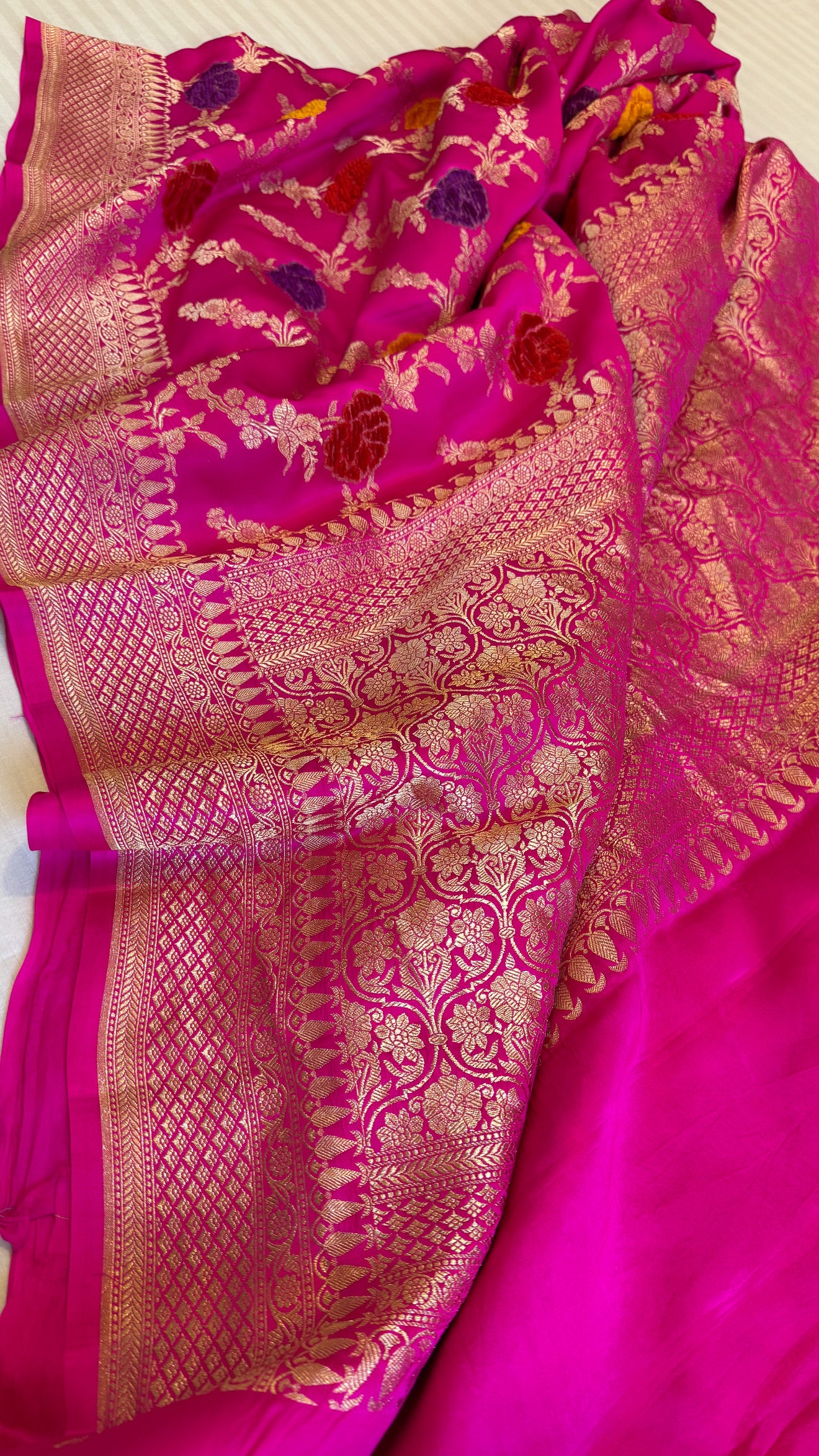 Hot pink banarasi mashru silk velvet buti kadhwa weaving saree
