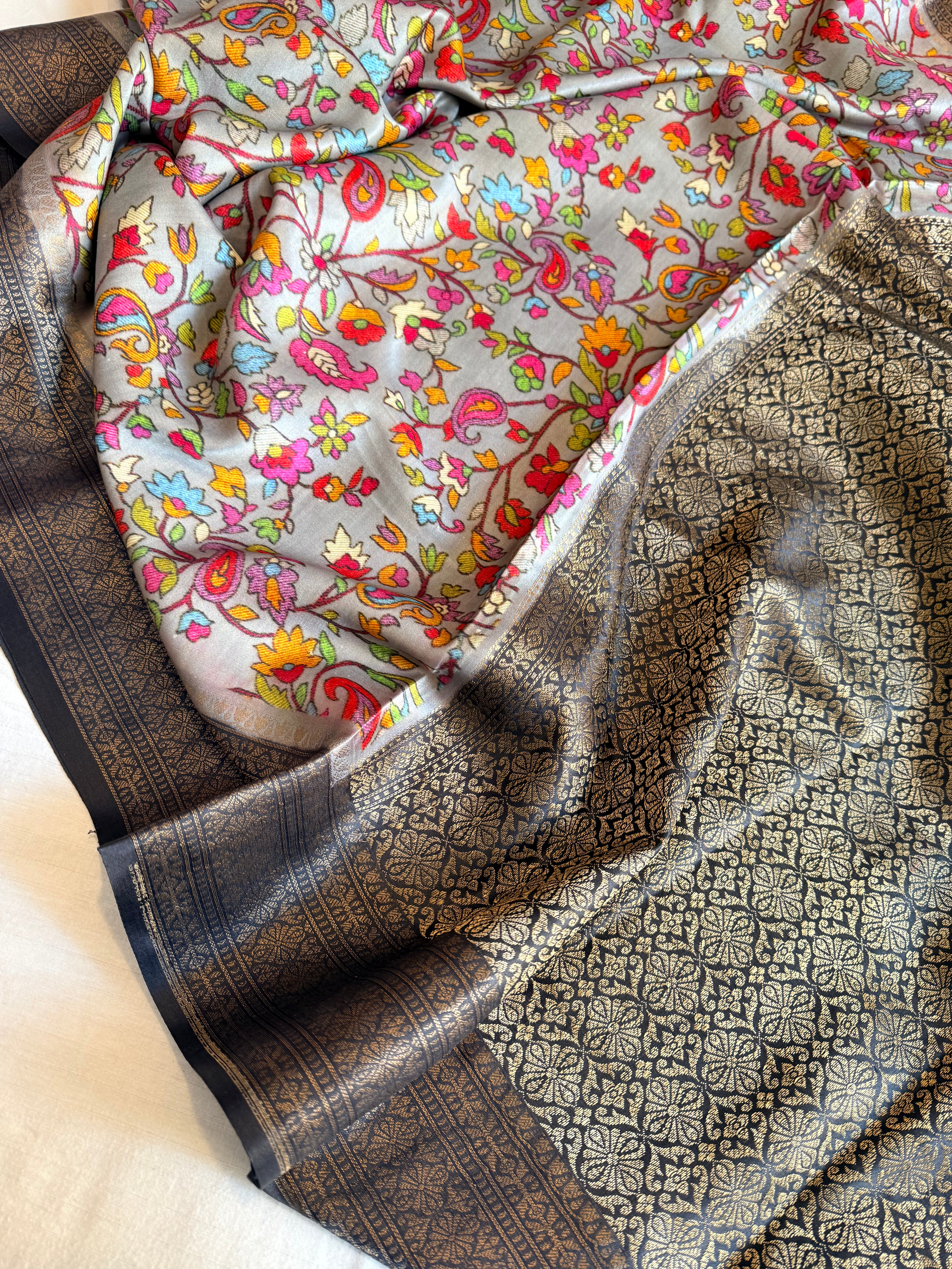 Banarasi mashru satin silk kani weaving printed saree