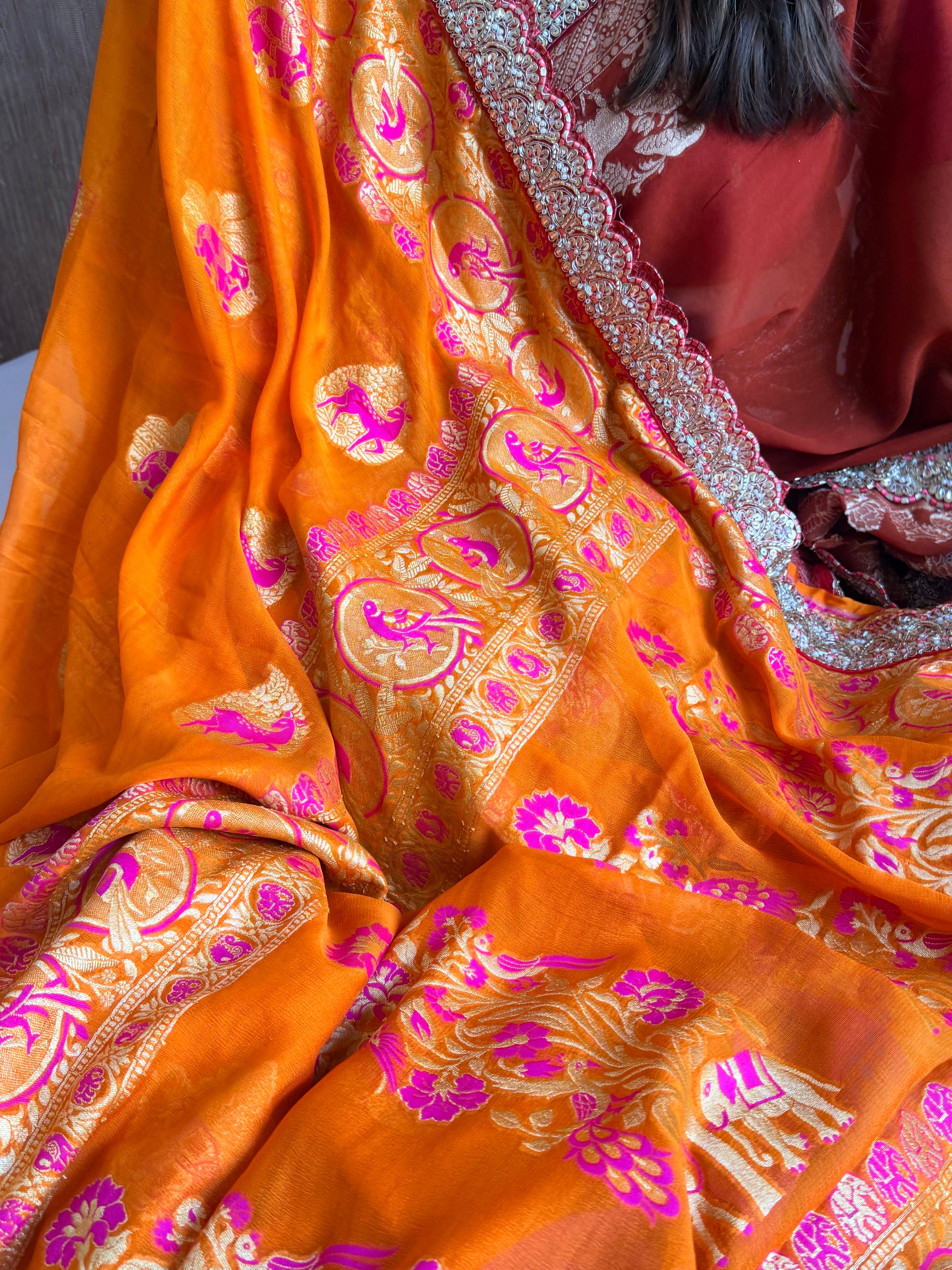 Juicy orange shikargah kadhwa border chiffon gorgette banarasi saree