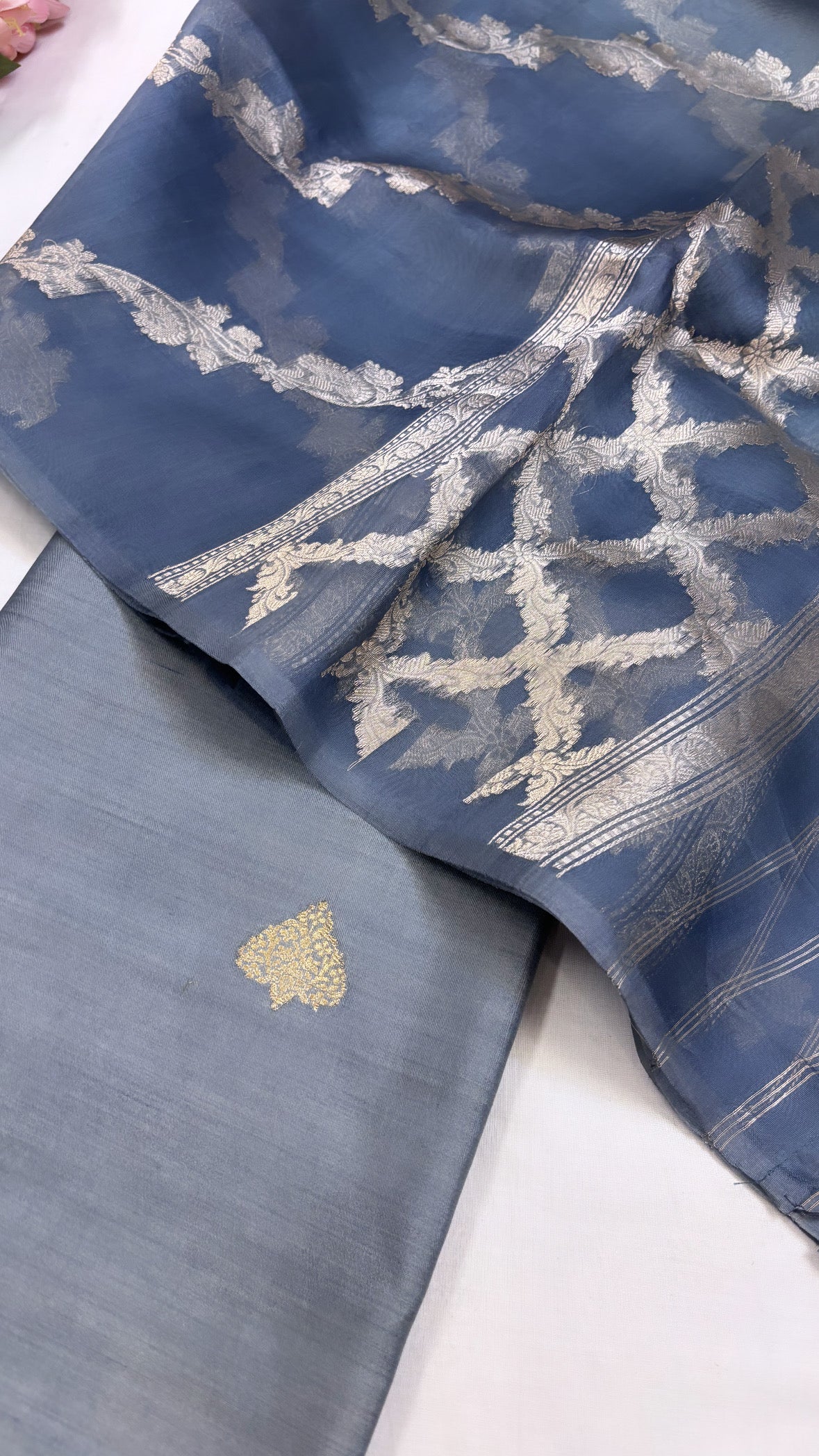 Pure Banarasi persian blue chiniya silk kadhwa suit set paired with kora silk ombre shaded kadhwa duppata and bottom set