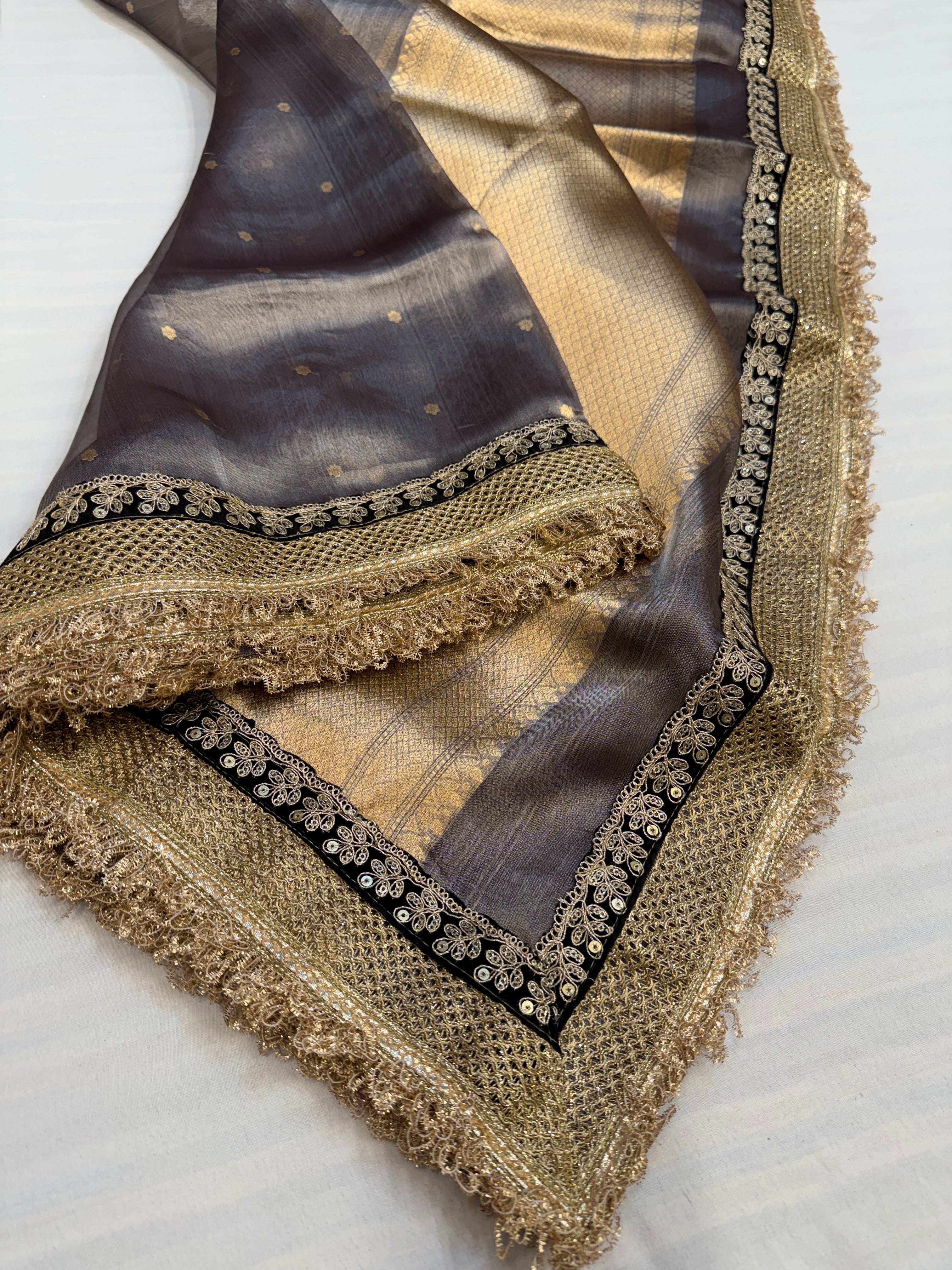 Metallic grey maharani tissue silk kadhwa buti saree