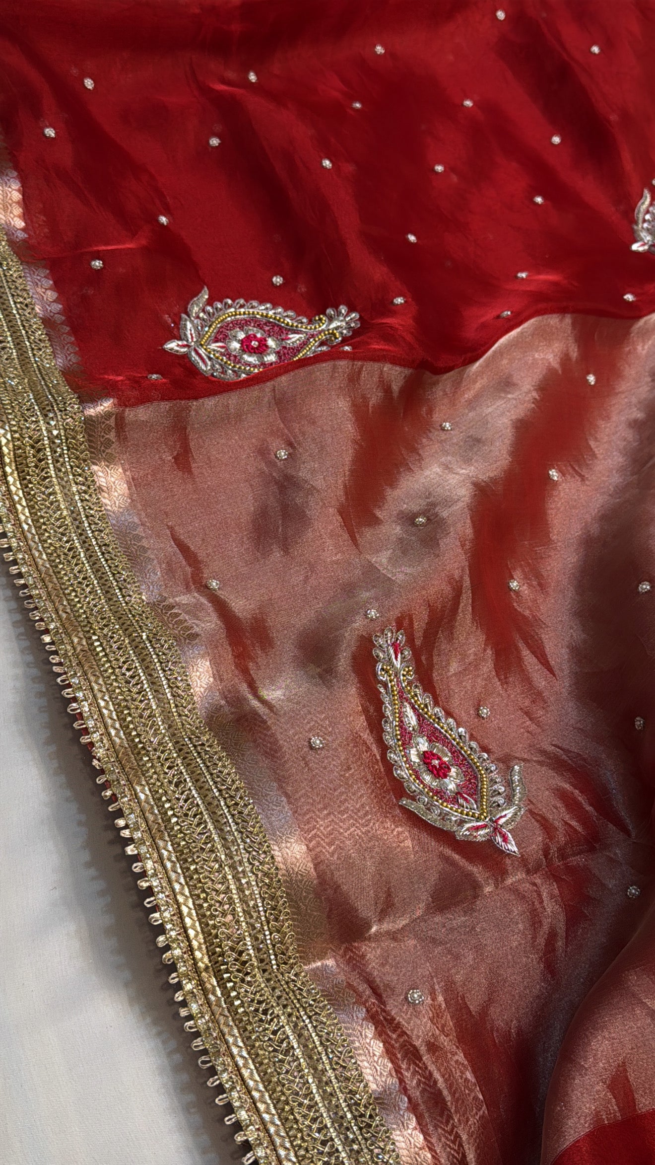 Dulhan ka joda husn red tissue silk hand embroidered kadhwa saree