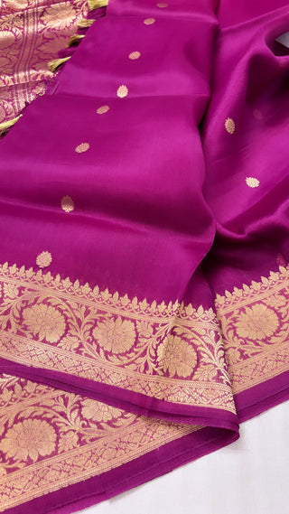 Pure banarasi magenta pink kora silk kadhwa saree with kadhwa handwoven buti