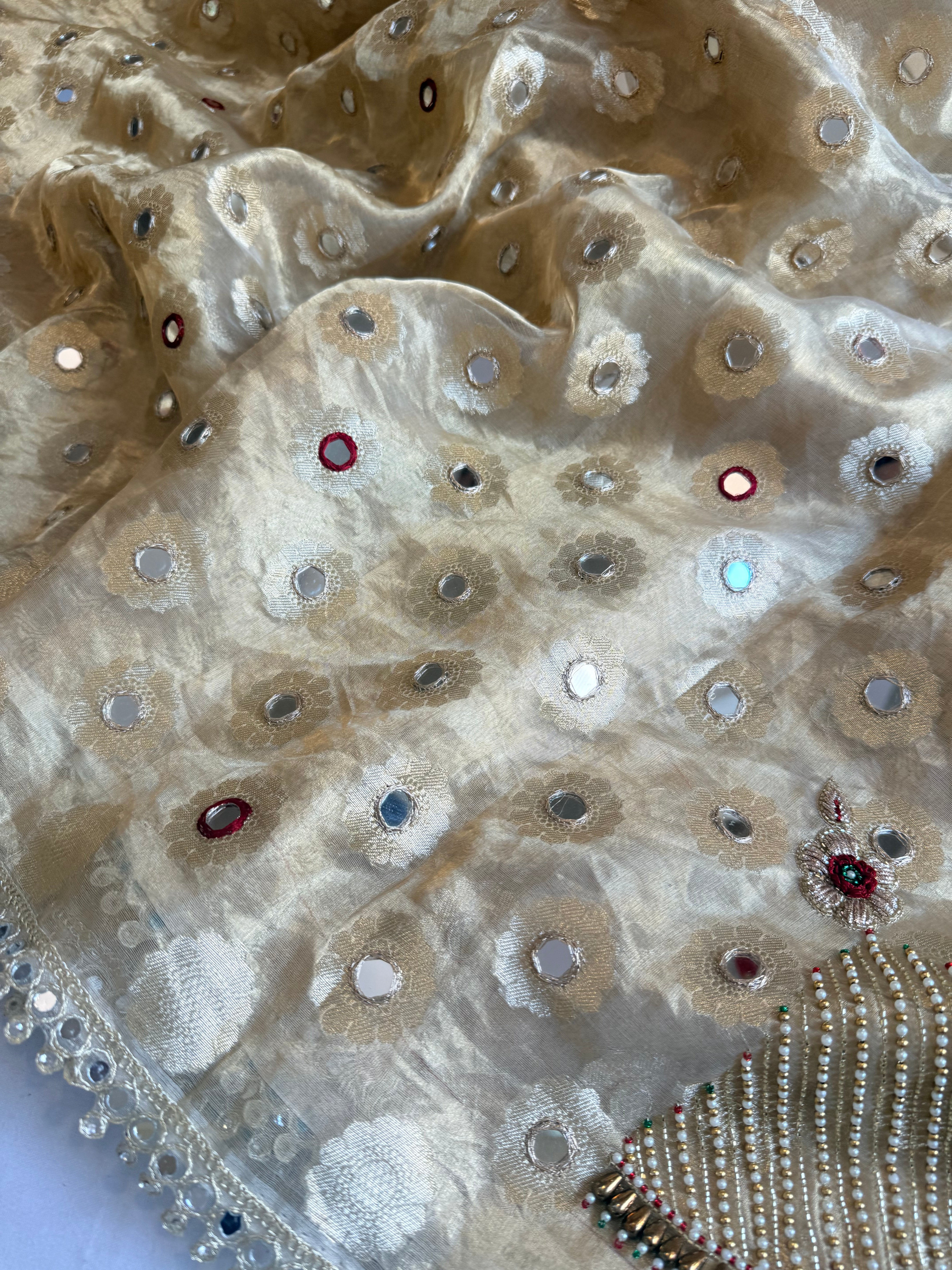 Butter gold tissue silk hand embroidered mirror work kadhwa saree