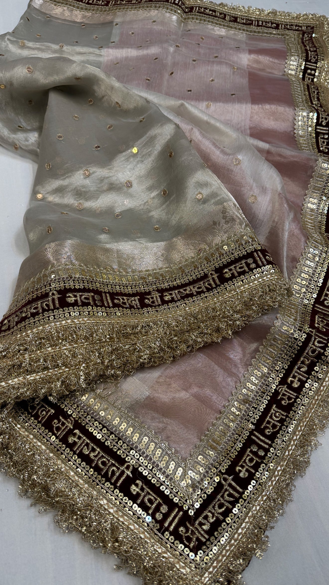 Diamond tissue silk chunri buti hand embroidered panetar saree