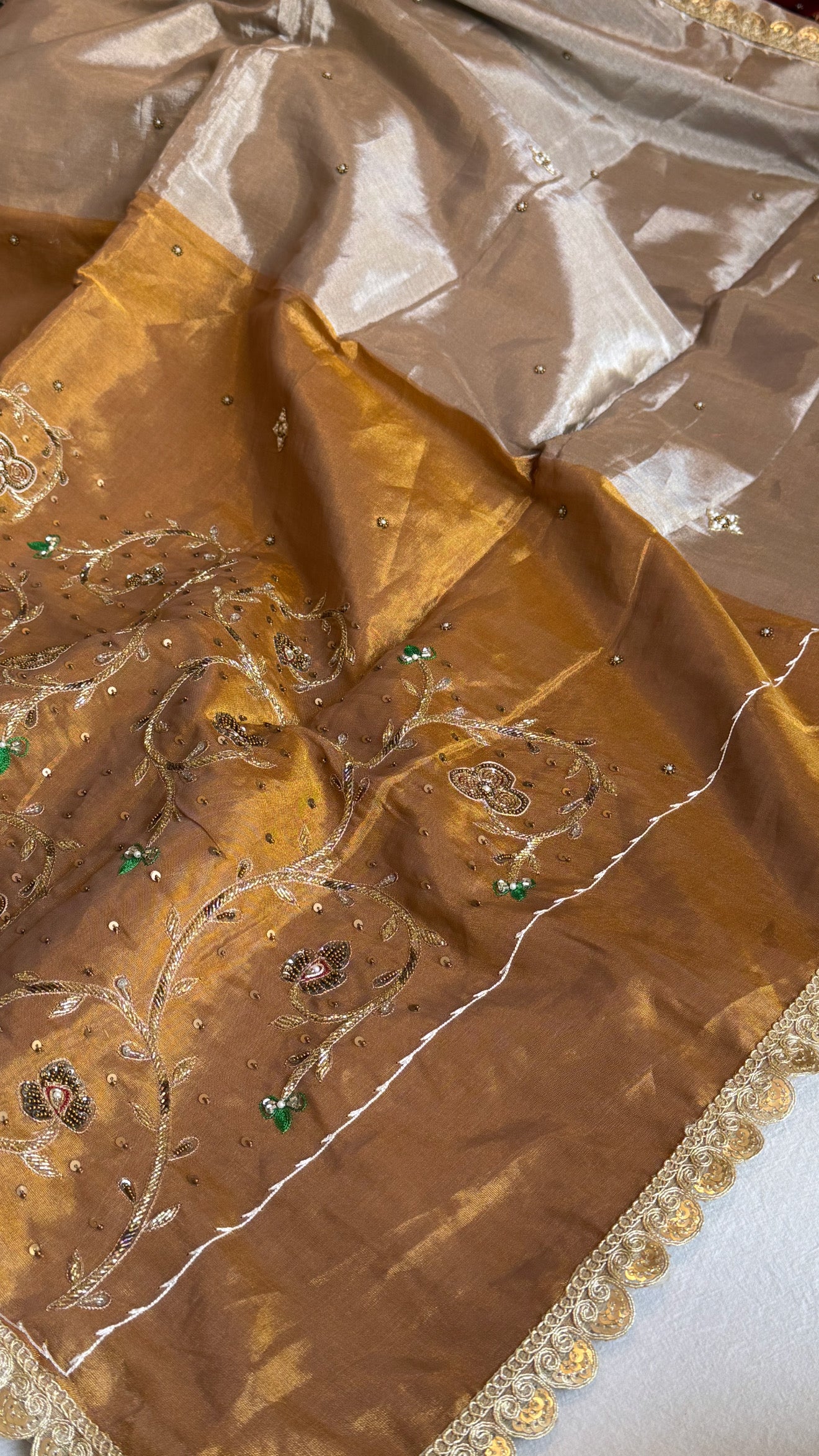 Satin tissue silk molten gold-silver hand embroidered banarasi saree