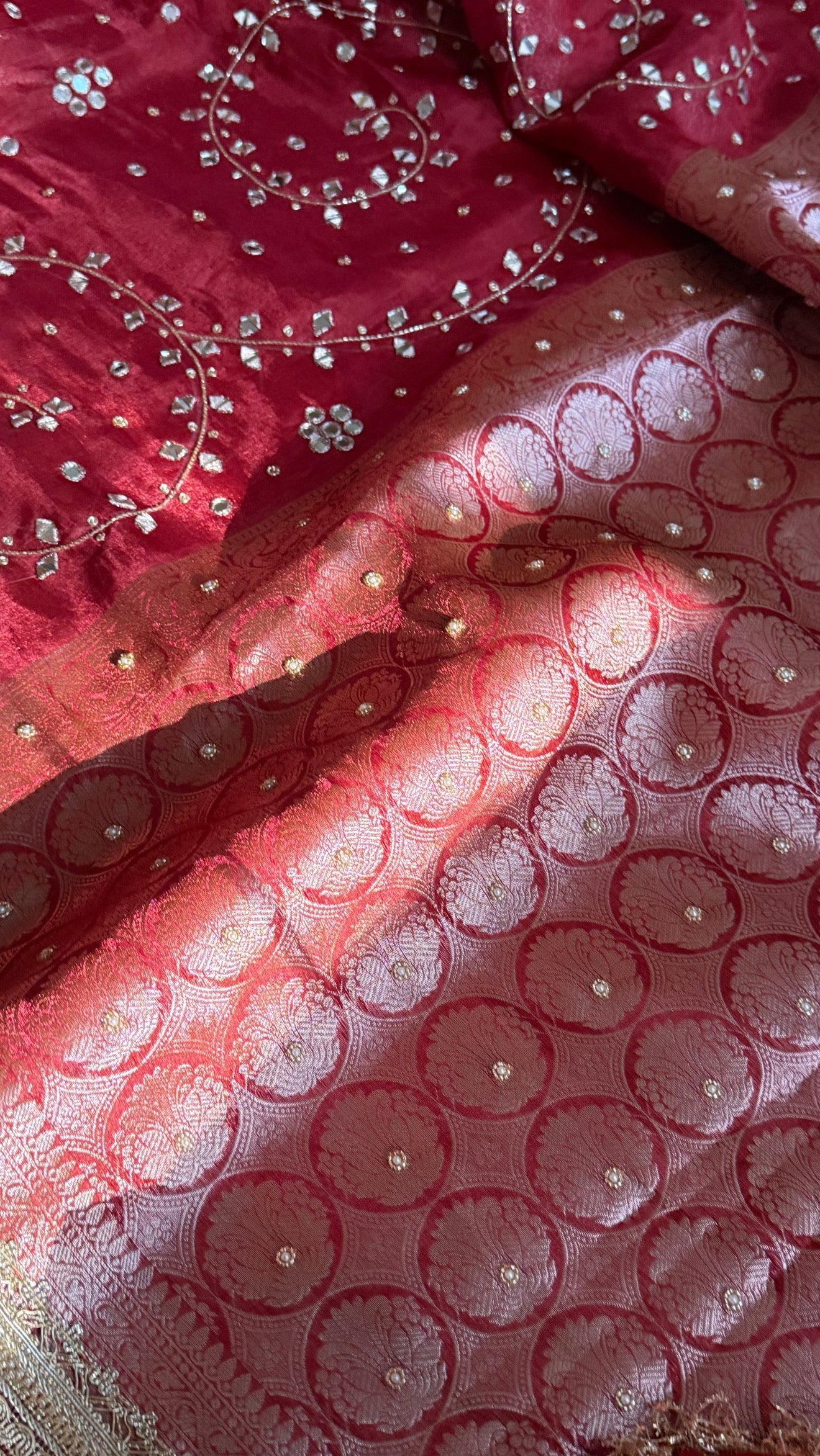 Teej special - Crimson red mirror work tissue silk jaal hand embroidered saree