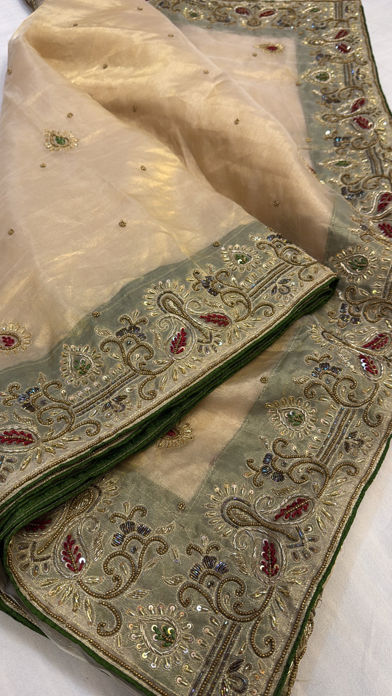 Golden zardozi heavy hand embroidered husn tissue silk contrast border saree