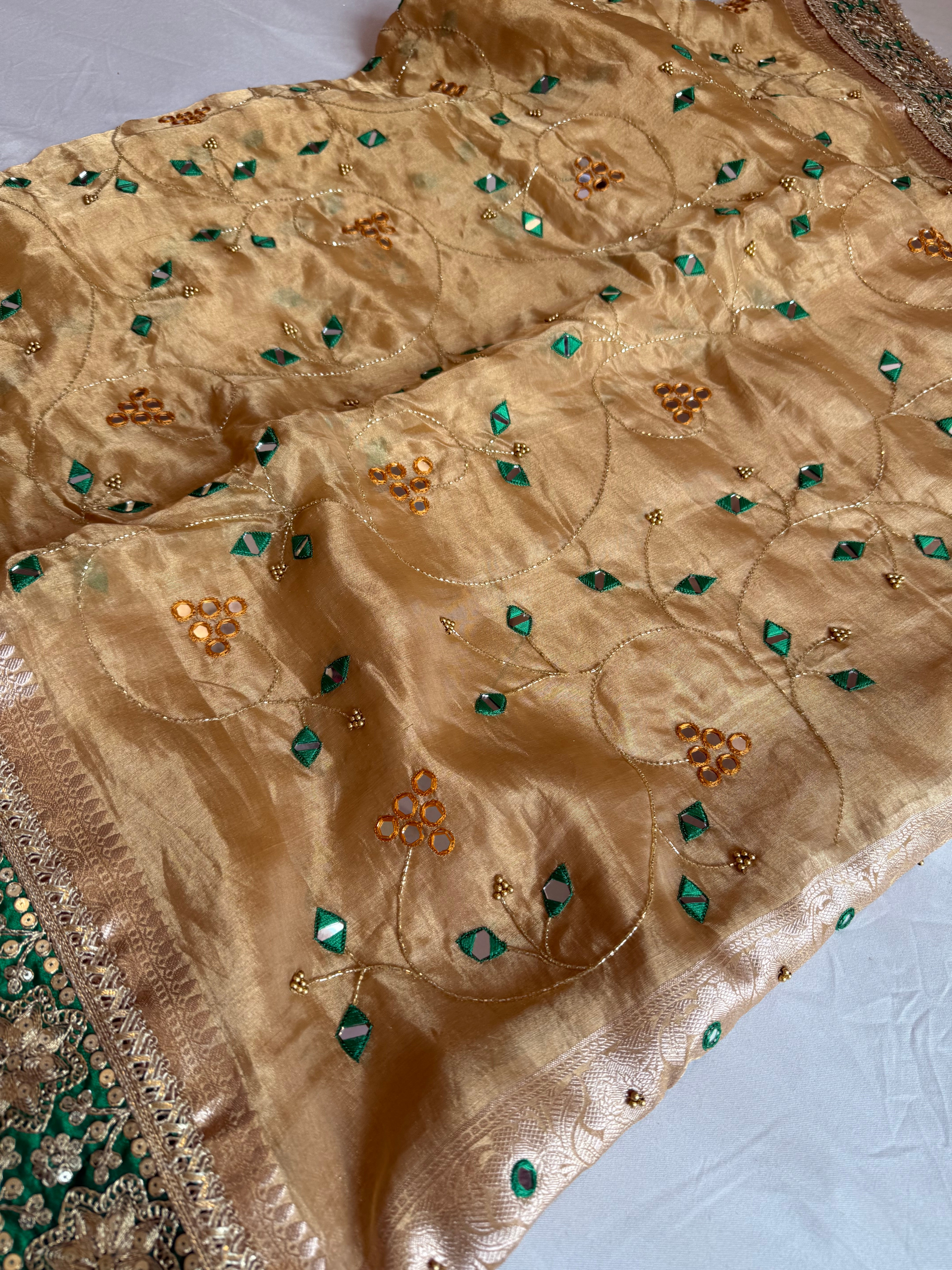 Sheesham edit - Heavy double tissue silk mirror work hand embroidered saree