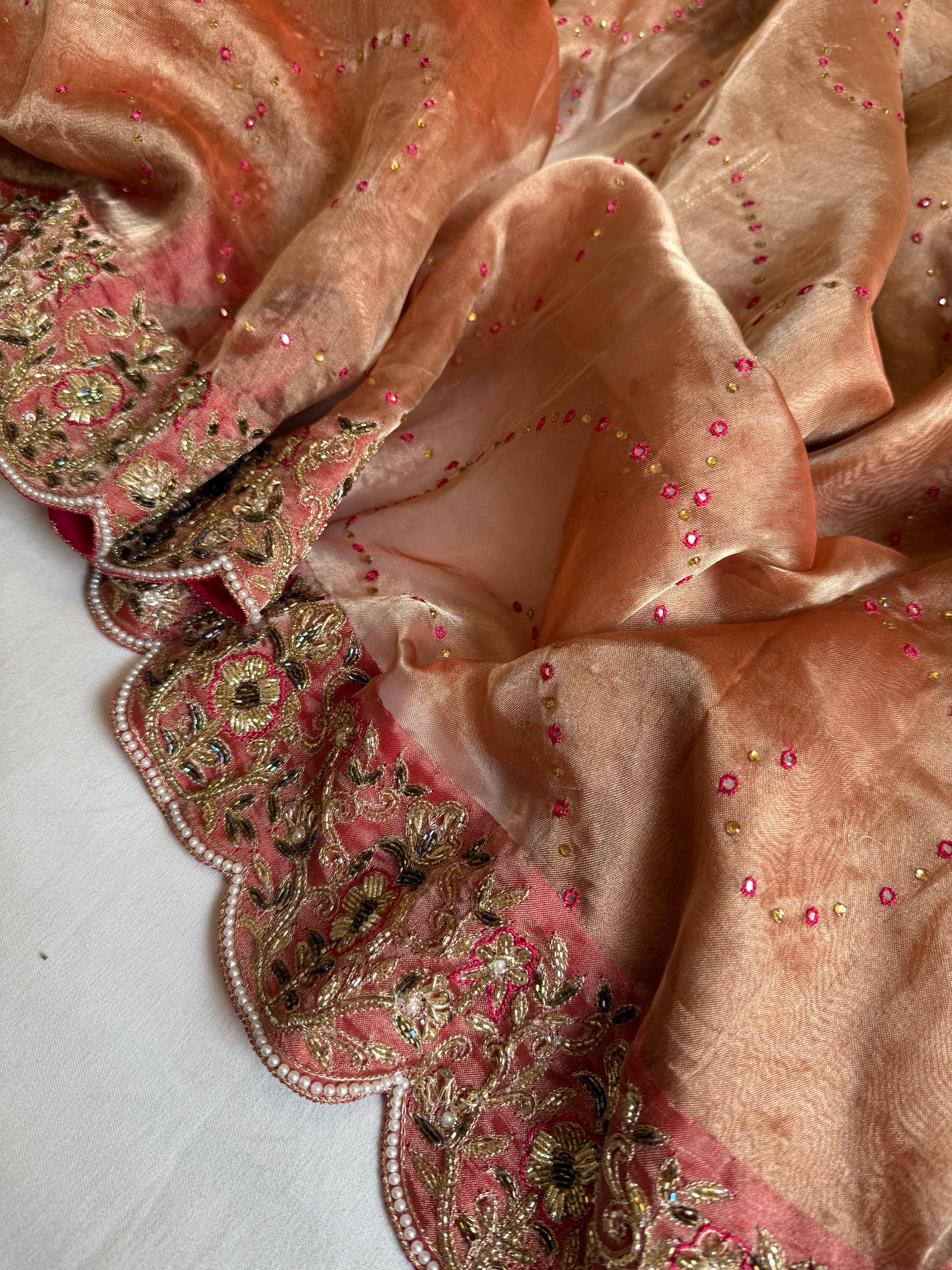 Umrao jaan inspired double diamond tissue silk zardozi work hand embroidered saree