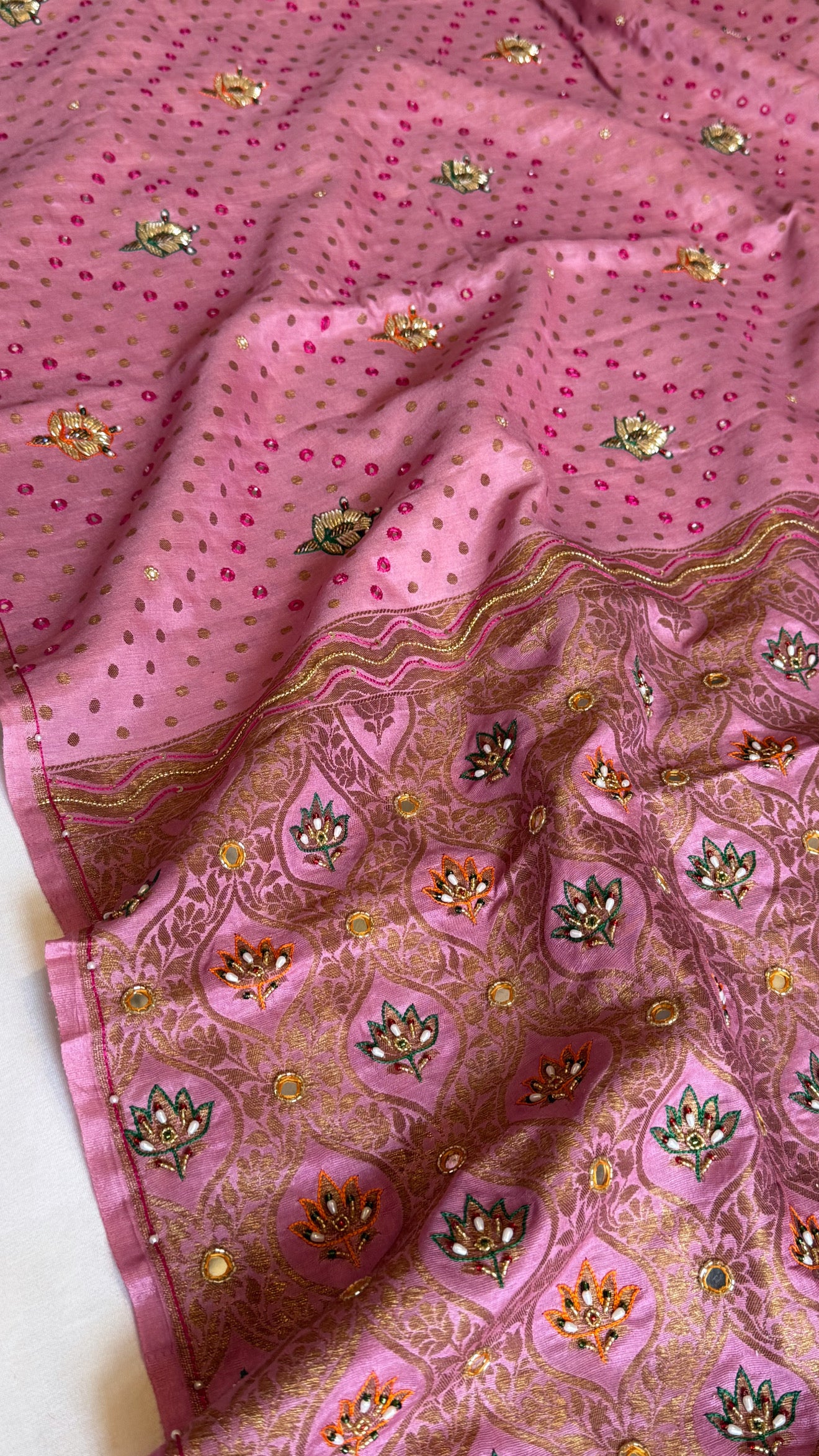 Strawberry pink moonga tussar antique zari hand embroidered kadhwa saree
