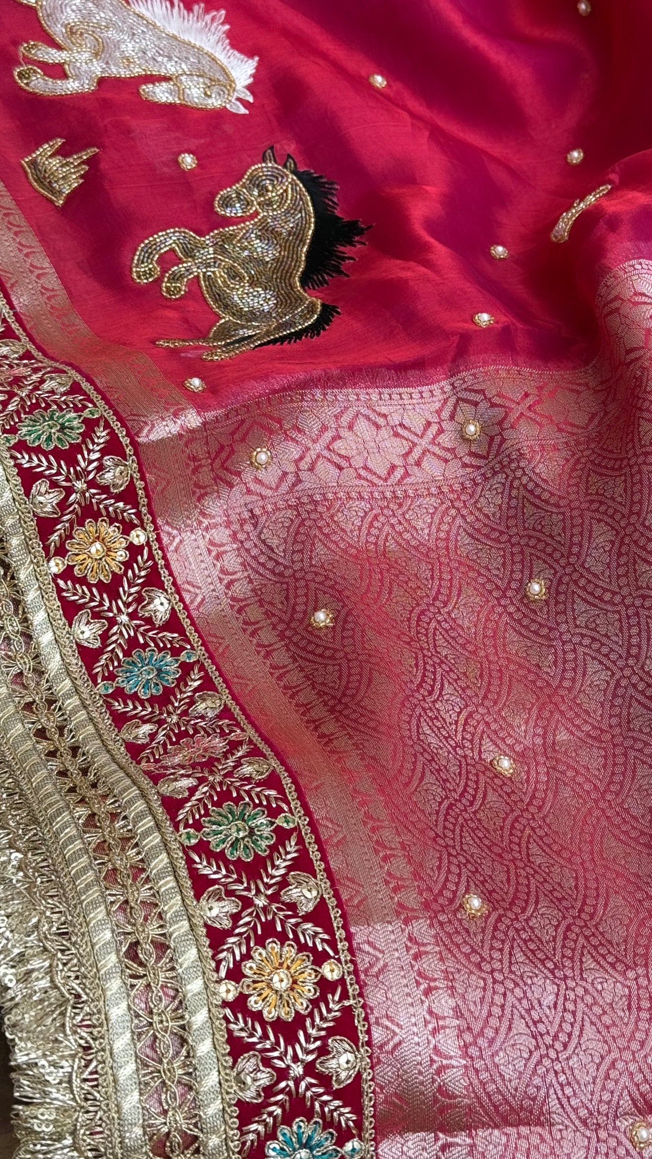 Horse hand embroidered motif cherry pinkish red dhup chao effect tissue silk banarasi gotapatti kadhwa saree
