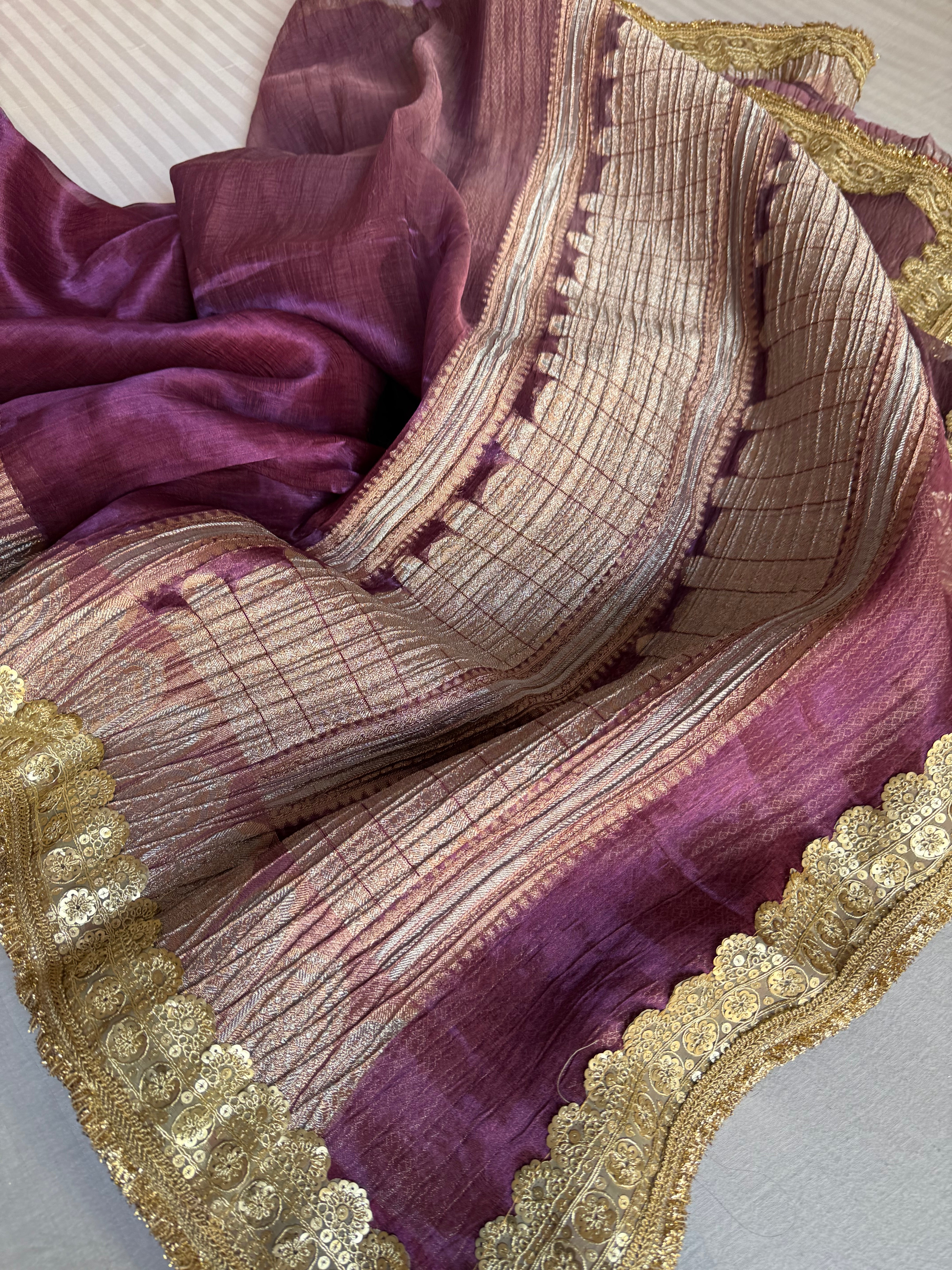 Midnight purple dhup chao effect pleated maharani tissue silk saree